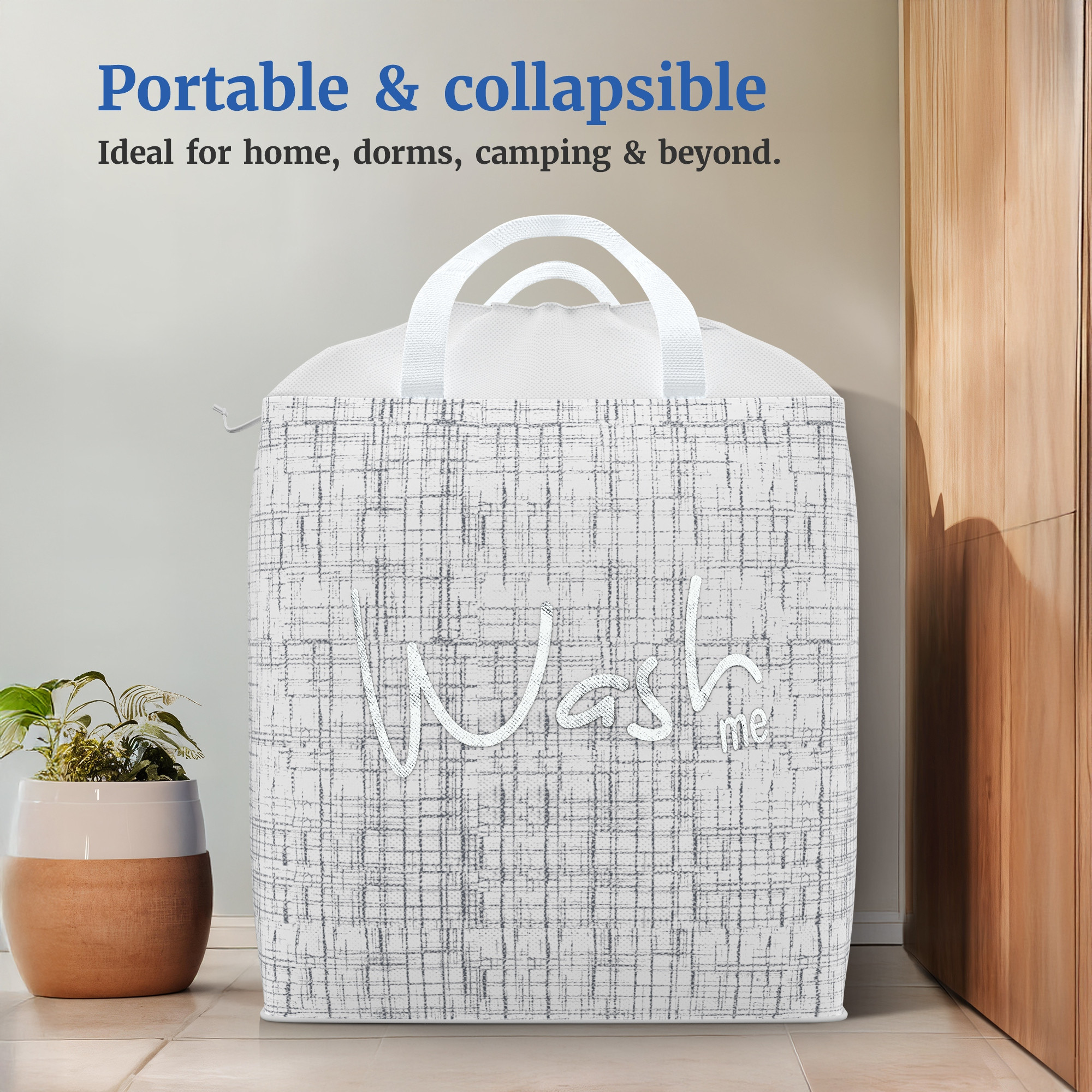 Kuber Industries 106 LTR Large Non Woven Laundry Basket for Cloth with Handles  Foldable Clothes Storage Basket for Men Women  Kids  Jute Square Print - Grey