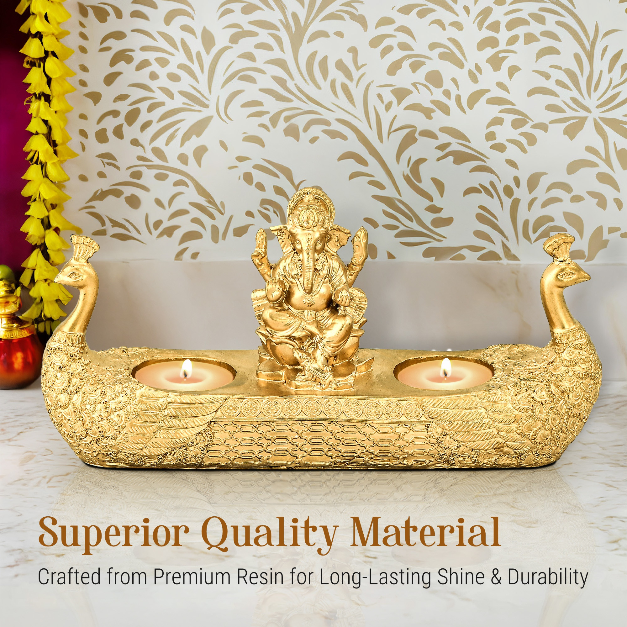Kuber Industries 10x5 Inch Resin Lord Ganesha Idols with 2 Diya  Vinayagar Statue for Pooja Room  Ganpati Idol for Home and Office Decor  Golden