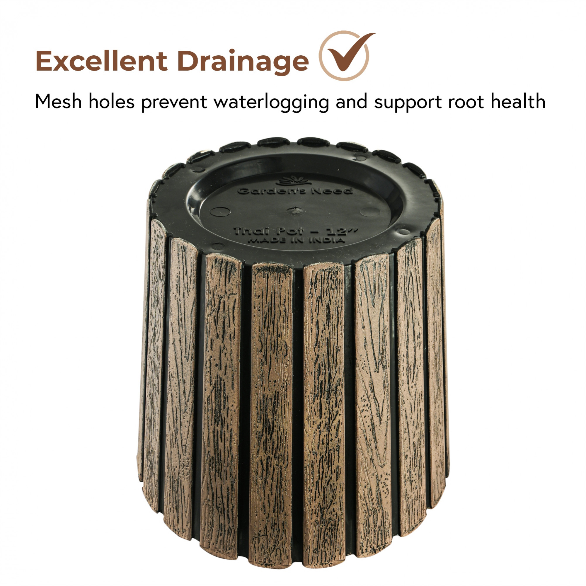 Kuber Industries 11 Inch Plastic Wooden Texture Pots for Plants Balcony and Living Room  Flower Pots for Garden  Decorative Planters for Home Decor Outdoor Indoor Plants and Office  Thai Wood