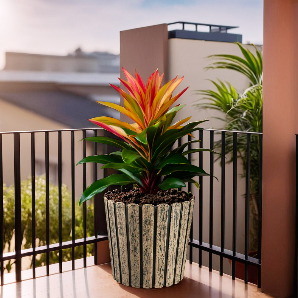 Image of Kuber Industries 11 Inch Plastic Wooden Texture Pots for Plants Balcony and Living Room | Flower Pots for Garden | Decorative Planters for Home Decor, Outdoor Indoor Plants and Office | Thai Wood