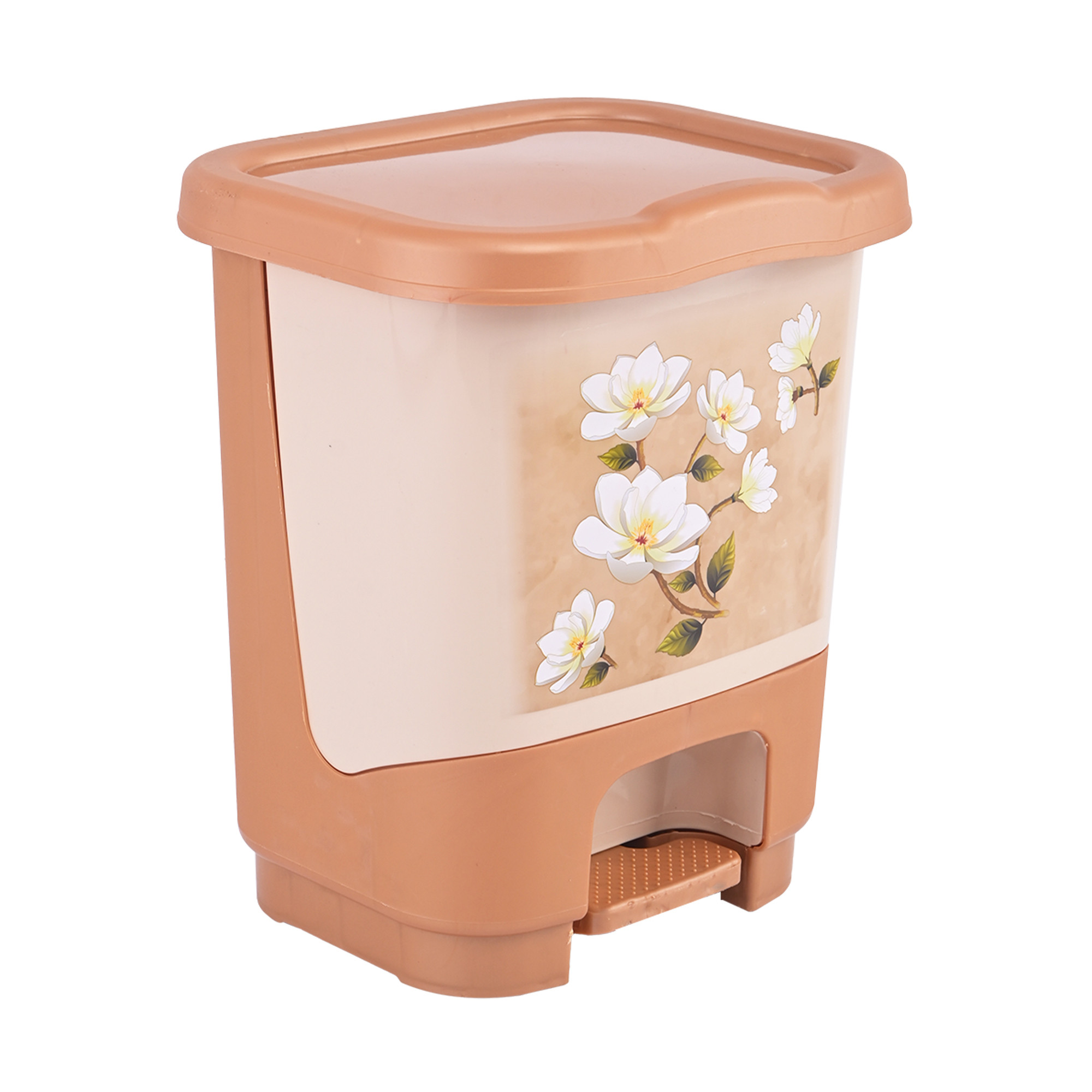 Kuber Industries 11 Ltr Plastic Waste Basket for Kitchen Dustbin with Lid  Removable Inner Bucket  Dust Bins for Home Medium Size  Office Bathroom Garbage Trash Can Pedal Bin  Floral - Brown
