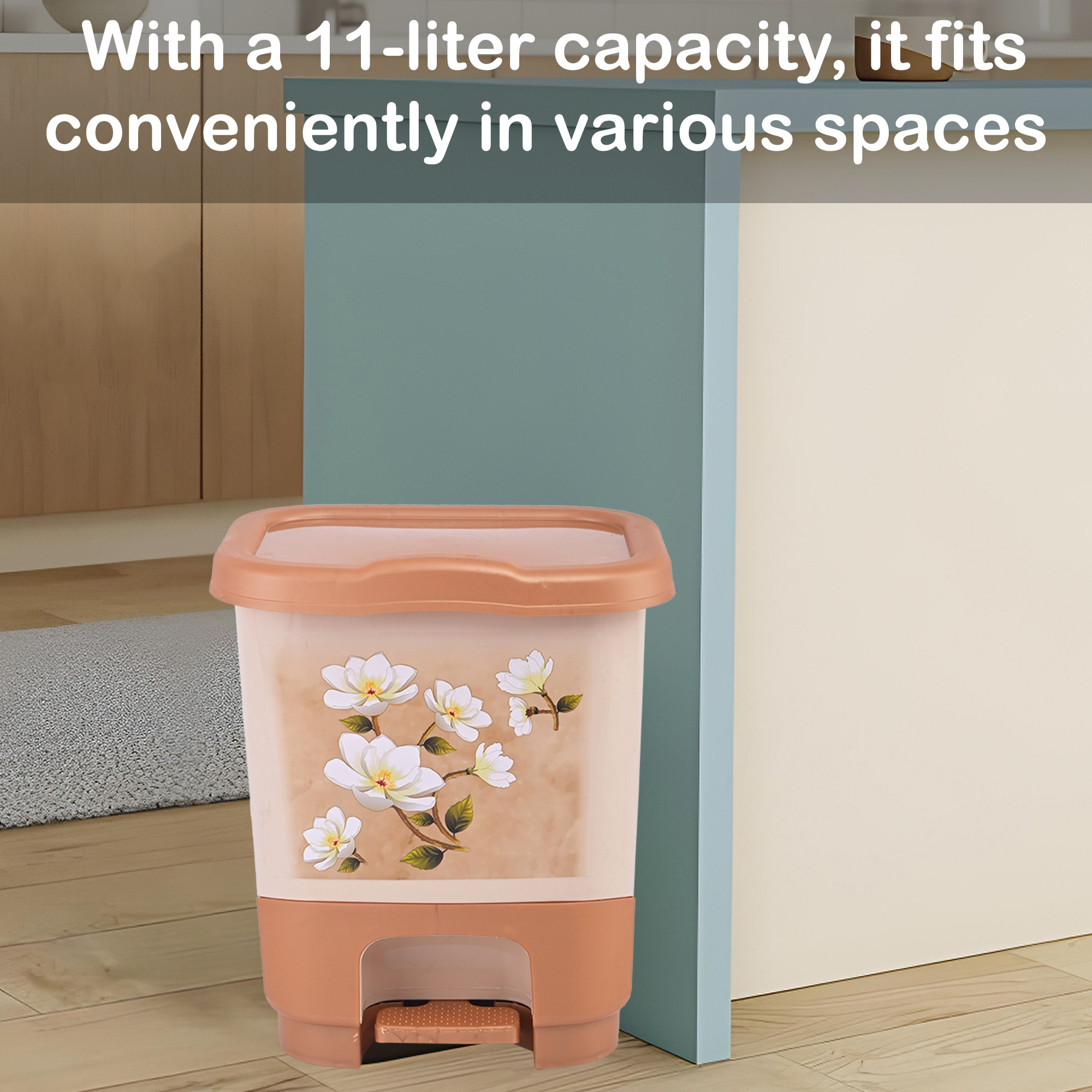 Kuber Industries 11 Ltr Plastic Waste Basket for Kitchen Dustbin with Lid  Removable Inner Bucket  Dust Bins for Home Medium Size  Office Bathroom Garbage Trash Can Pedal Bin  Floral - Brown