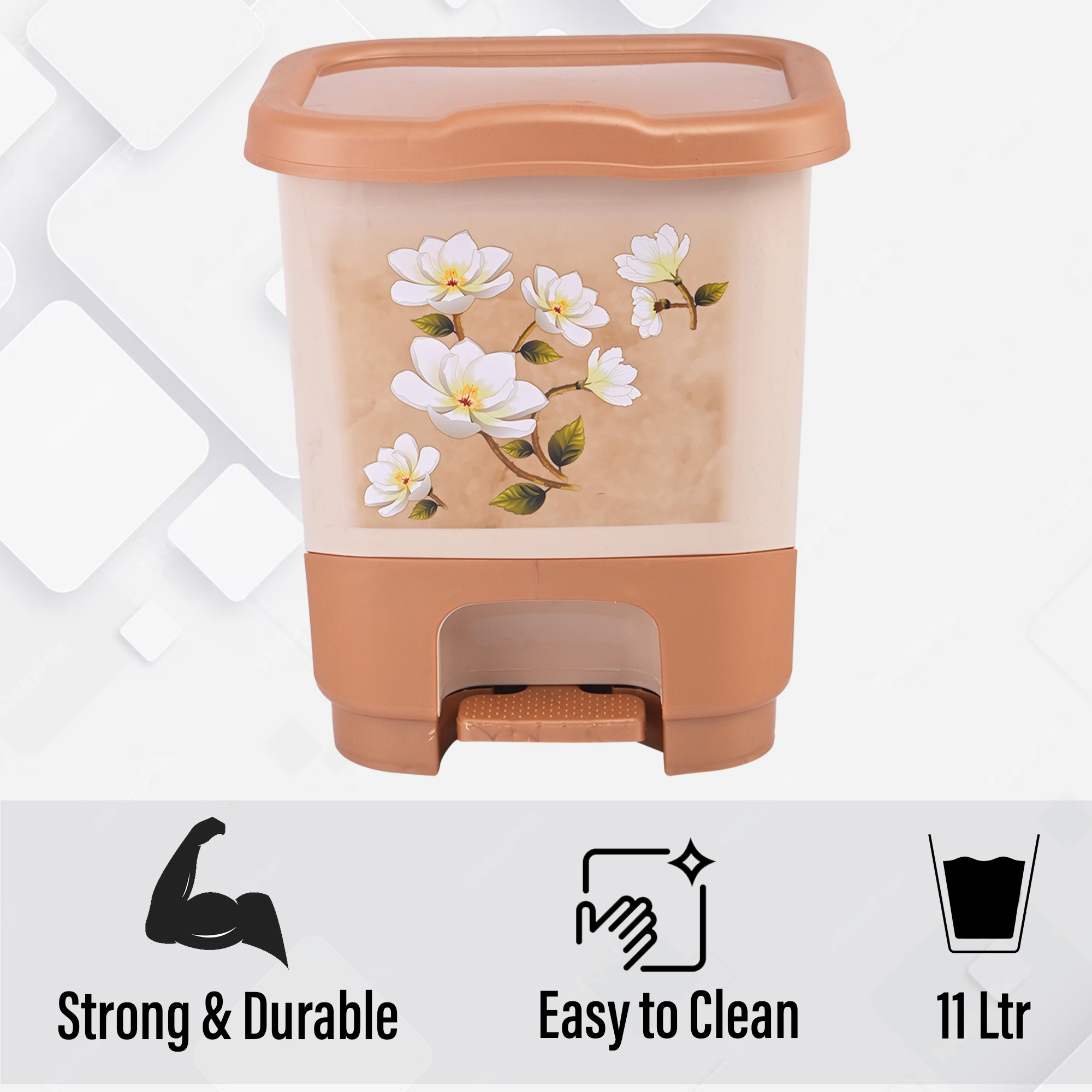 Kuber Industries 11 Ltr Plastic Waste Basket for Kitchen Dustbin with Lid  Removable Inner Bucket  Dust Bins for Home Medium Size  Office Bathroom Garbage Trash Can Pedal Bin  Floral - Brown