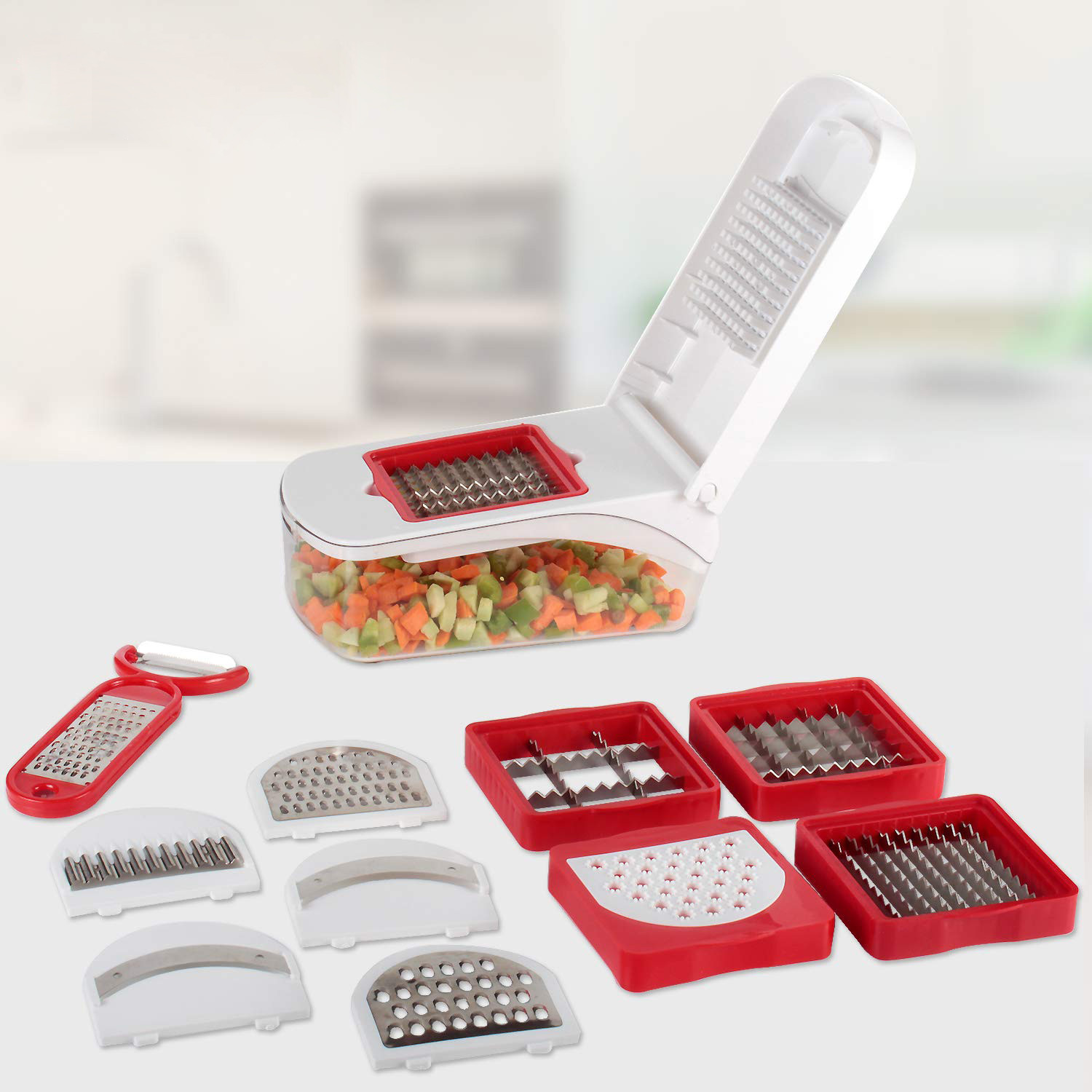Kuber Industries 12 in 1 Multipurpose Fruit & Vegetable Cutter - Chopper, Dicer,Grater, Slicer, All In One (Red)-KUBMART1332