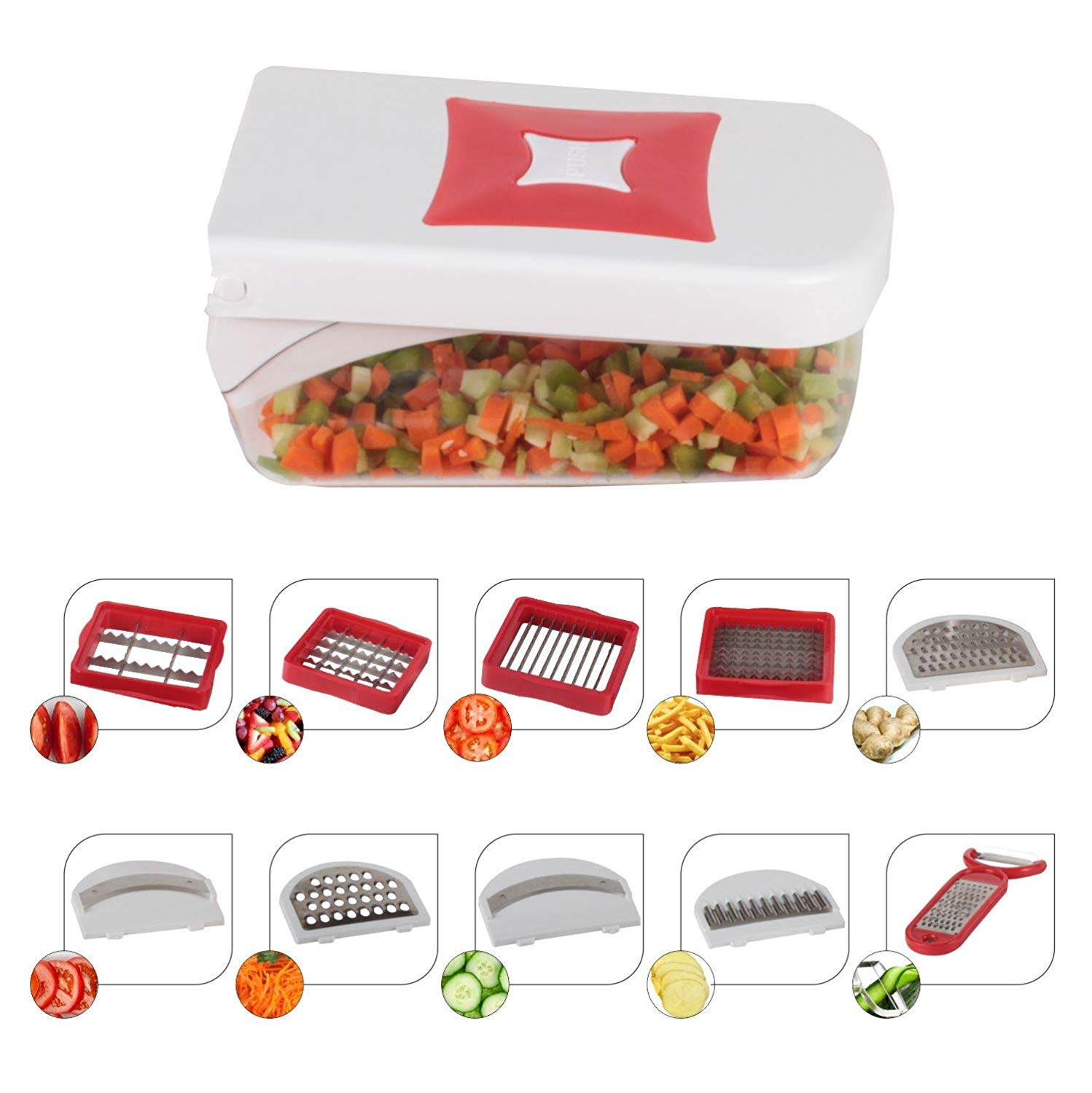Kuber Industries 12 in 1 Multipurpose Fruit & Vegetable Cutter - Chopper, Dicer,Grater, Slicer, All In One (Red)-KUBMART1332