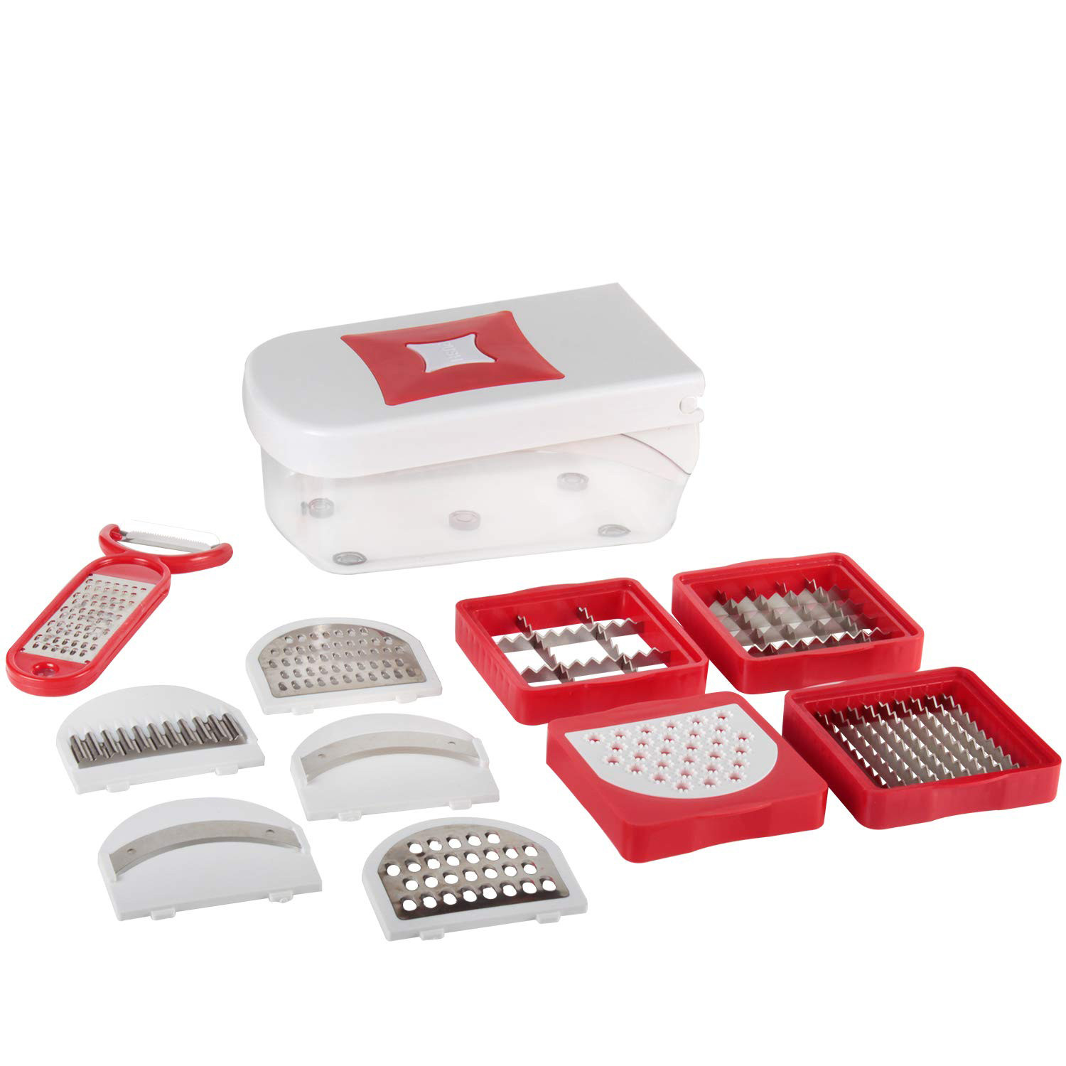 Kuber Industries 12 in 1 Multipurpose Fruit & Vegetable Cutter - Chopper, Dicer,Grater, Slicer, All In One (Red)-KUBMART1332
