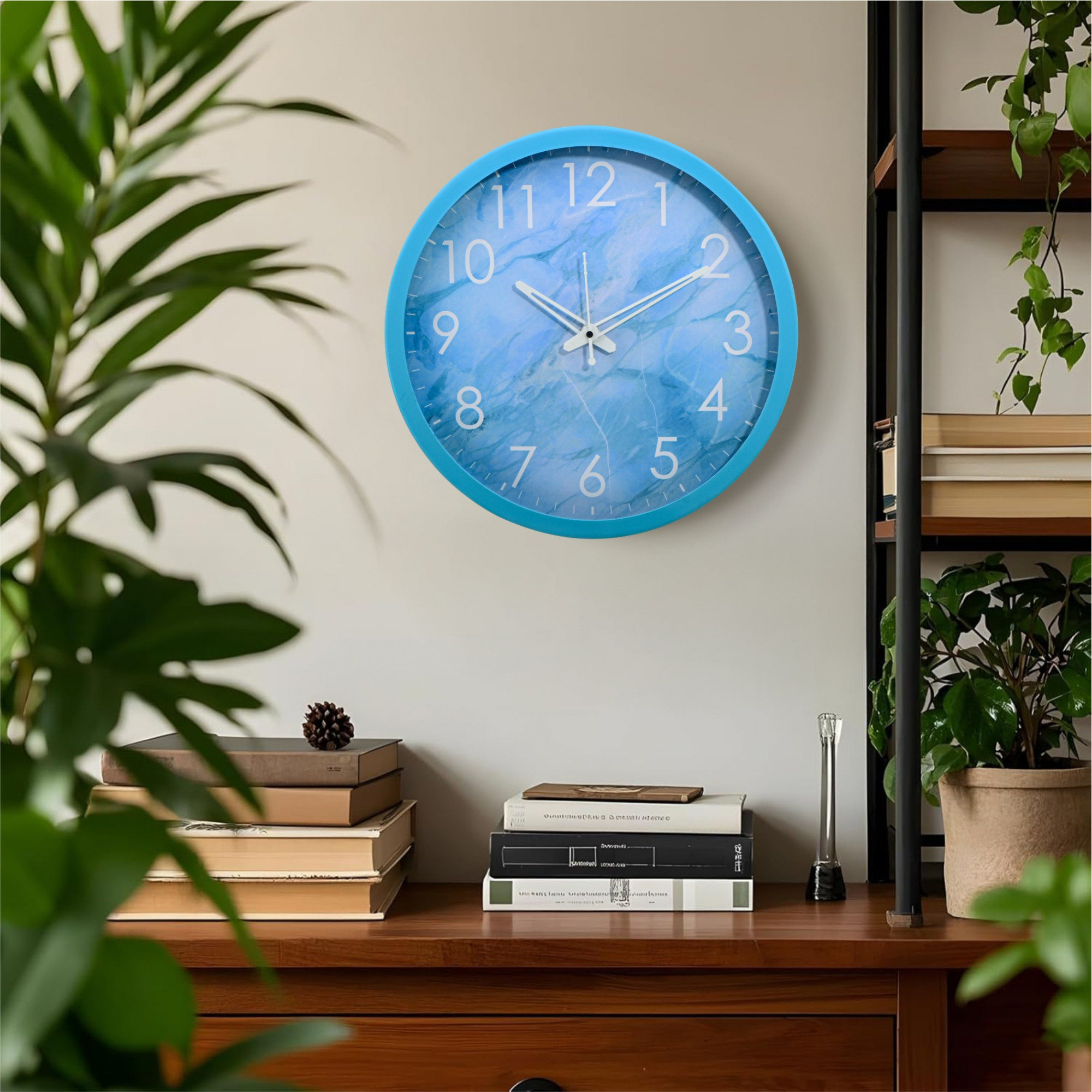 Kuber Industries 12 Inch Marble Wall Clock for Home  Office  Non-Ticking Sweep  Analog Number Wall Clock for Living Room  Easy-to-Read Numbers  Battery not Included  NC-21406  Sky Blue
