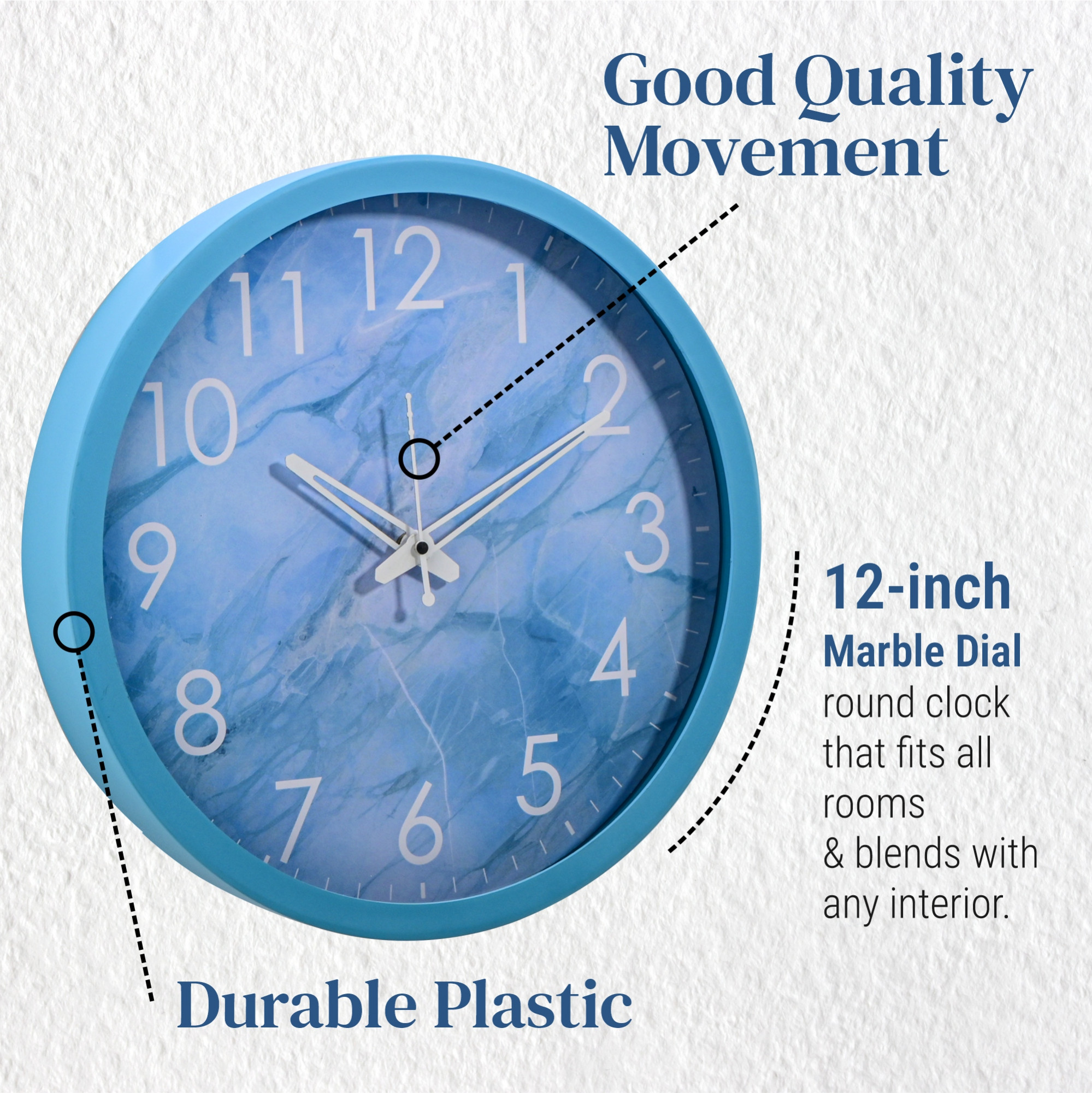Kuber Industries 12 Inch Marble Wall Clock for Home  Office  Non-Ticking Sweep  Analog Number Wall Clock for Living Room  Easy-to-Read Numbers  Battery not Included  NC-21406  Sky Blue