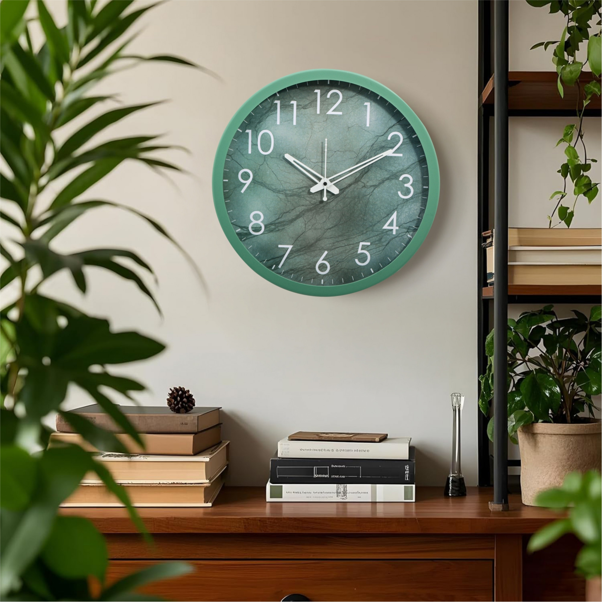 Kuber Industries 12 Inch Marble Wall Clock for Home  Office  Non-Ticking Sweep  Analog Number Wall Clock for Living Room  Easy-to-Read Numbers  Battery not Included  NC-21405  Green