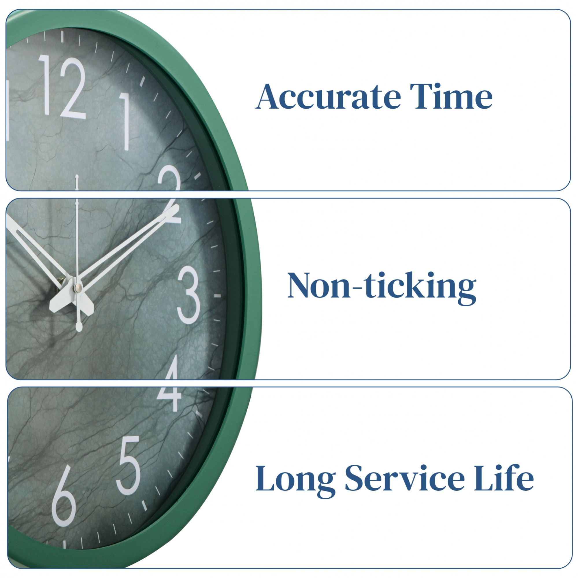 Kuber Industries 12 Inch Marble Wall Clock for Home  Office  Non-Ticking Sweep  Analog Number Wall Clock for Living Room  Easy-to-Read Numbers  Battery not Included  NC-21405  Green