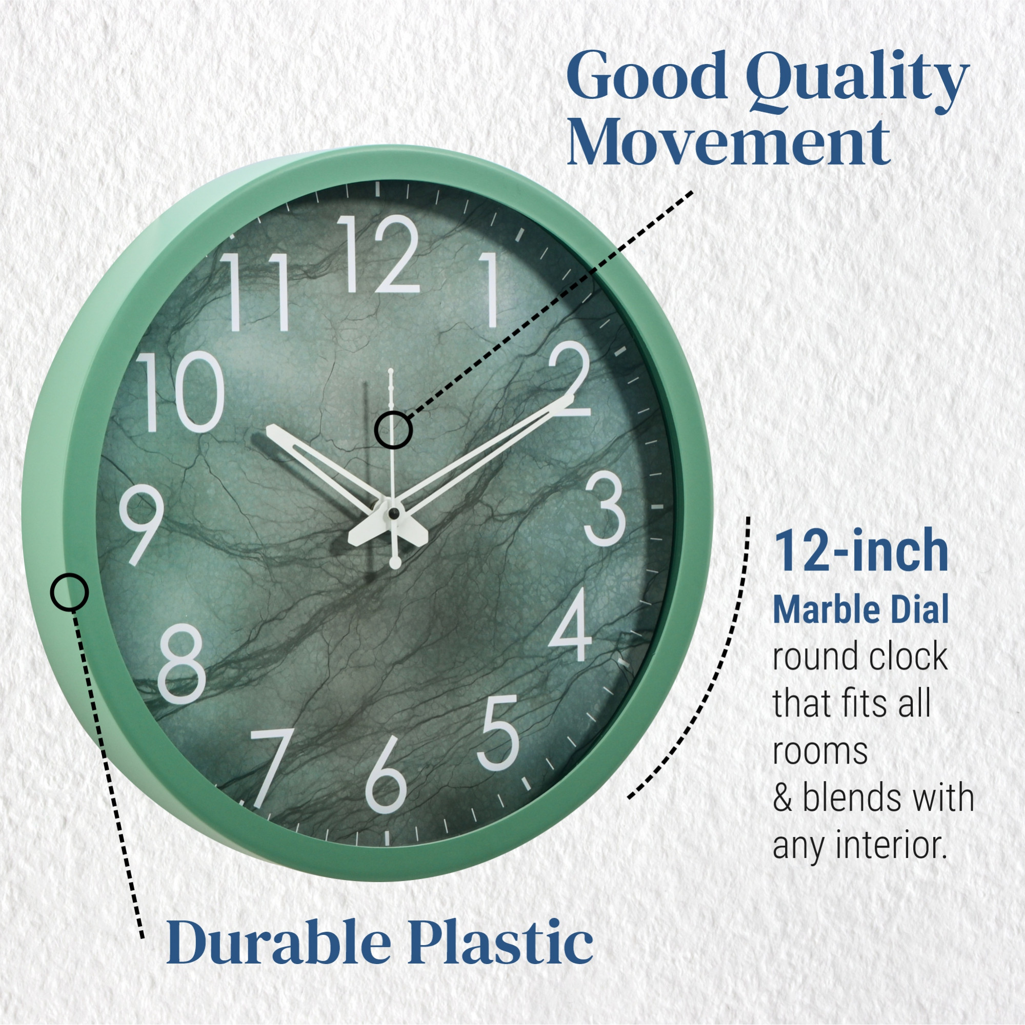 Kuber Industries 12 Inch Marble Wall Clock for Home  Office  Non-Ticking Sweep  Analog Number Wall Clock for Living Room  Easy-to-Read Numbers  Battery not Included  NC-21405  Green