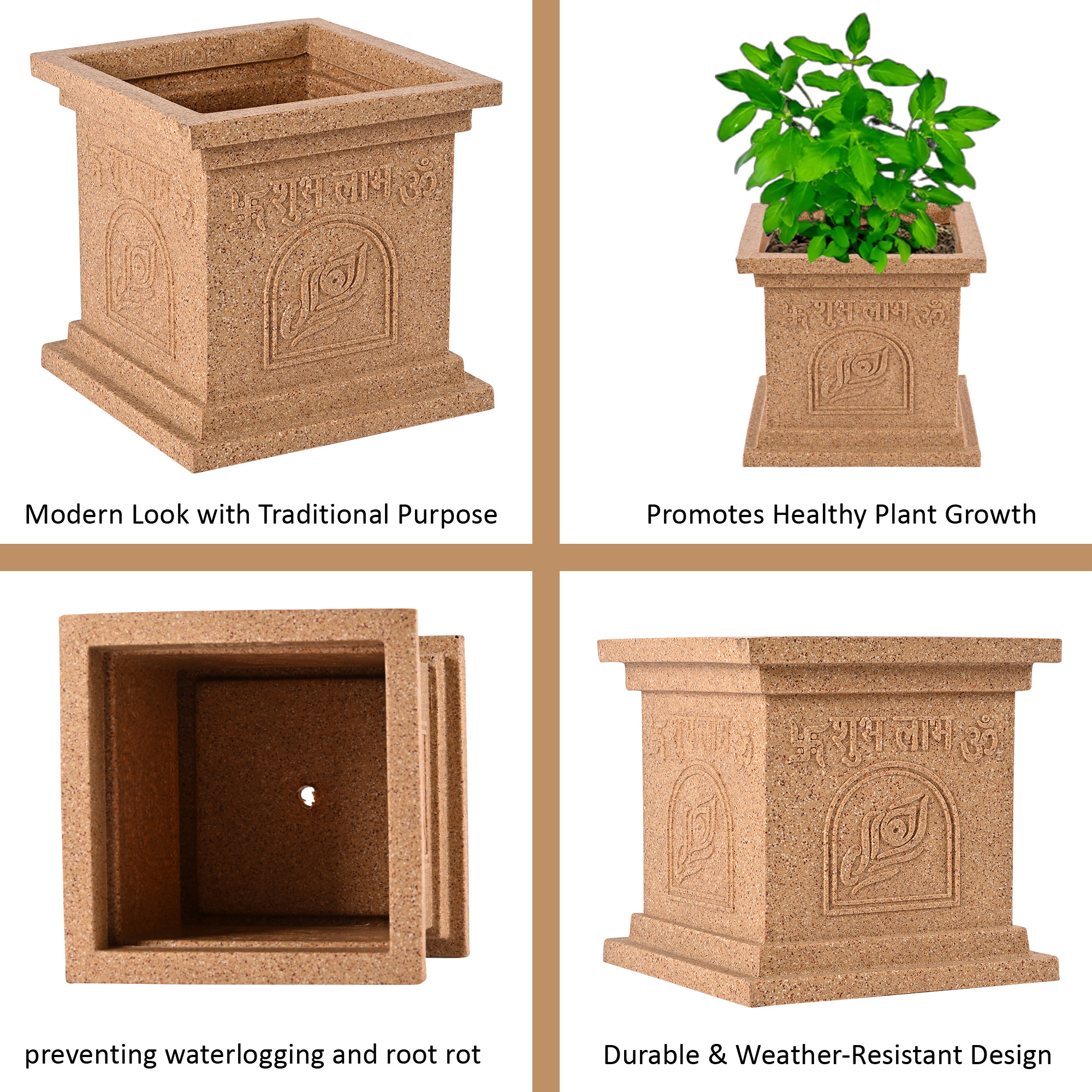 Kuber Industries 12 Inch Plastic Tulsi Mancha For Home  Modern Tulsi GamlaPlanter Pot for Home Decor Balcony  Garden  Marble Design-Beige