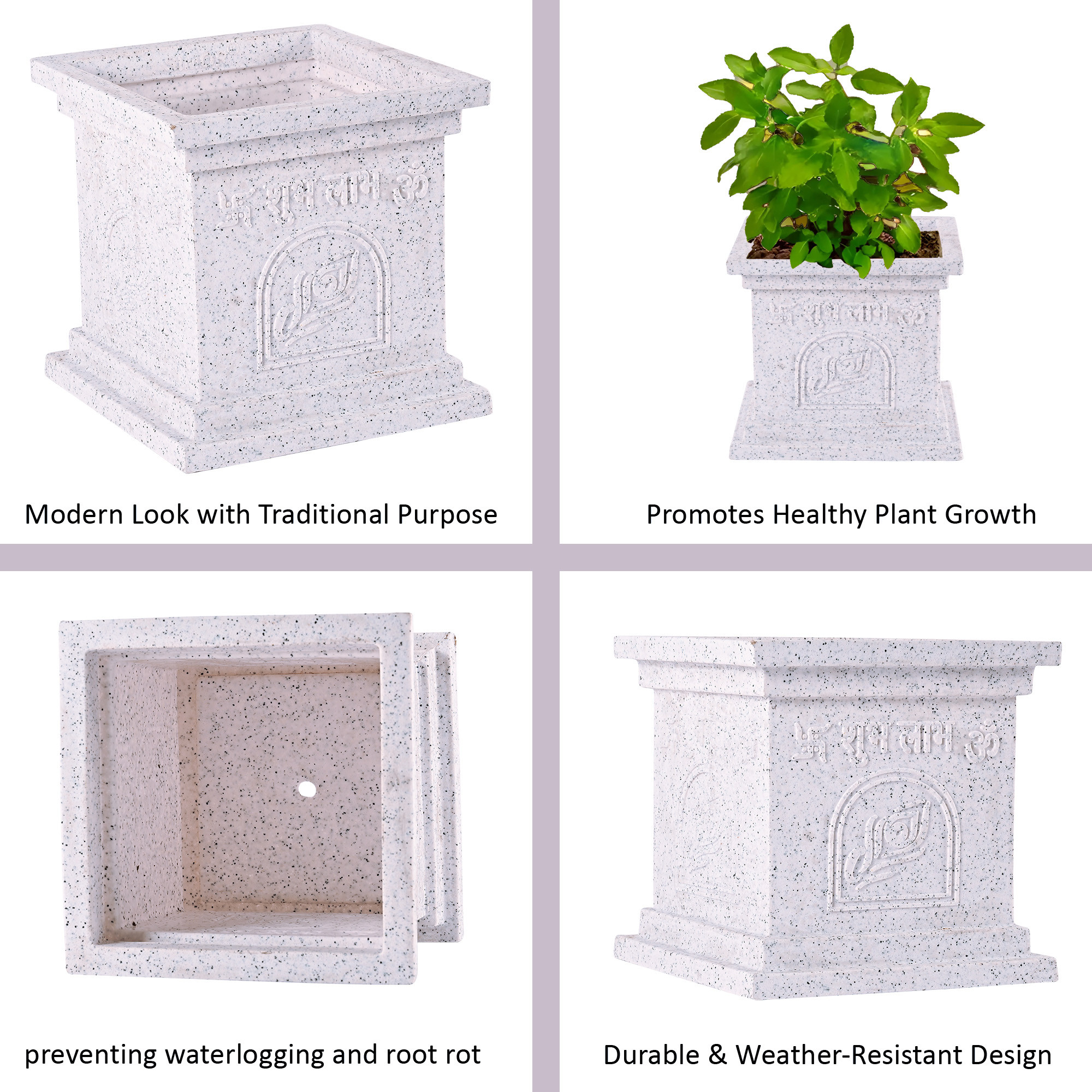 Kuber Industries 12 Inch Plastic Tulsi Mancha For Home  Tulsi GamlaPlanter Pot for Home Decor Balcony  Garden  Marble Design-White