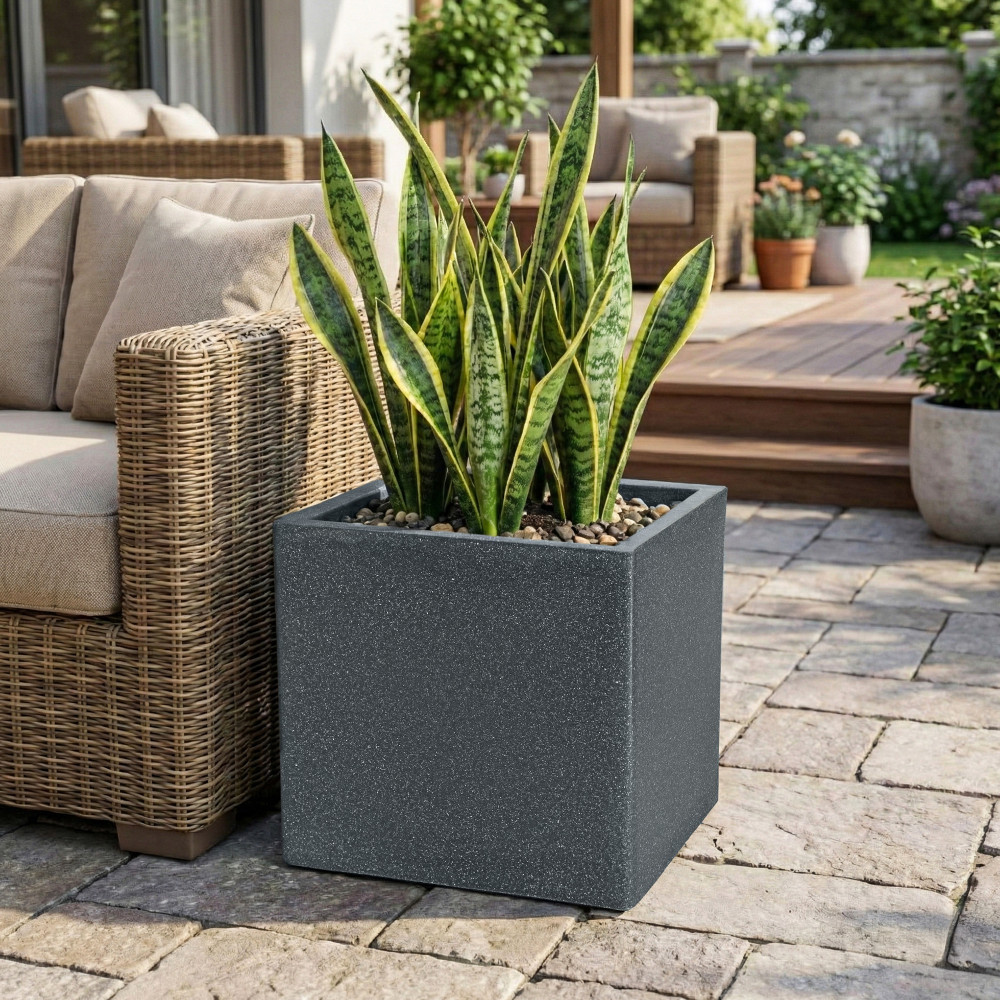 Image of 12 Inch Rotomould Square Flower Pot | Large Planter for Indoor Outdoor, Balcony Terrace Garden, Home Office Décor | Cubical - Grey