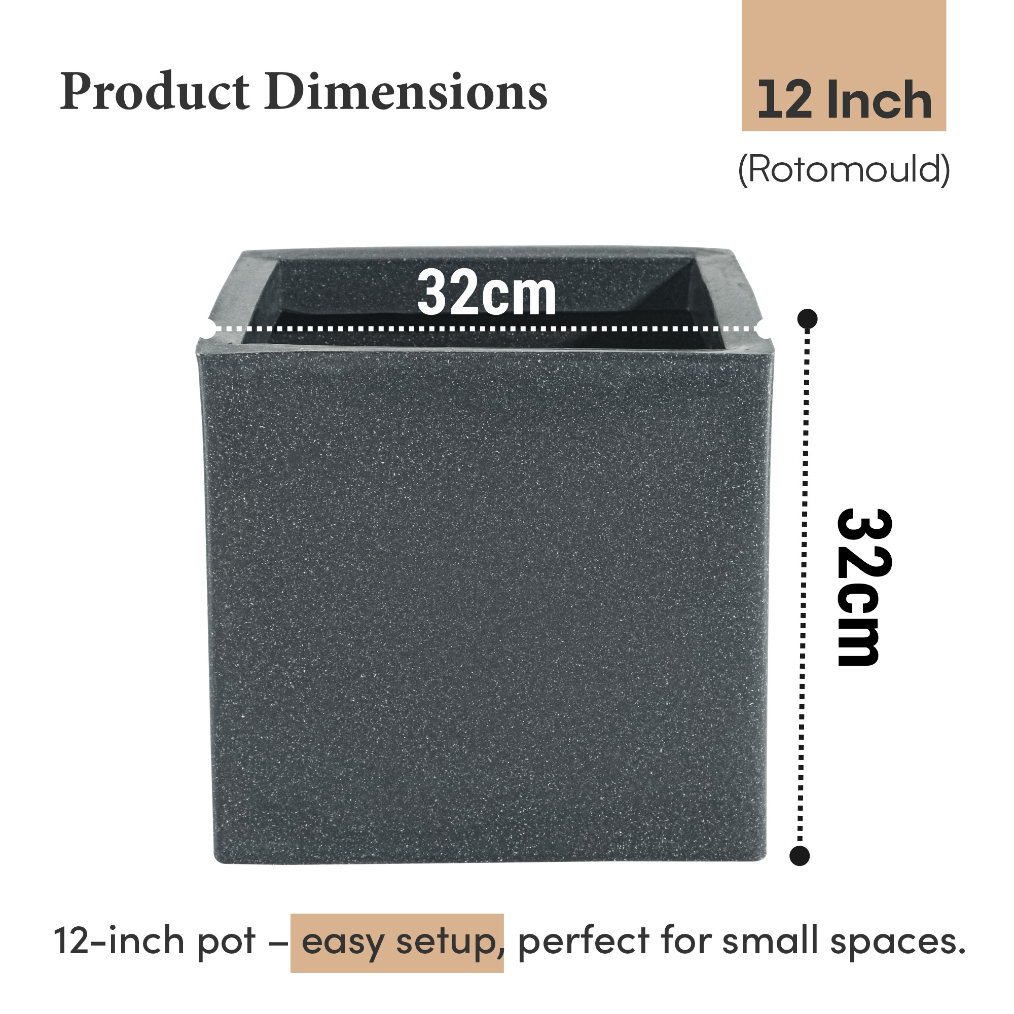 Kuber Industries 12 Inch Rotomould Square Flower Pot  Large Planter for Indoor Outdoor Balcony Terrace Garden Home Office Dcor  Cubical - Grey