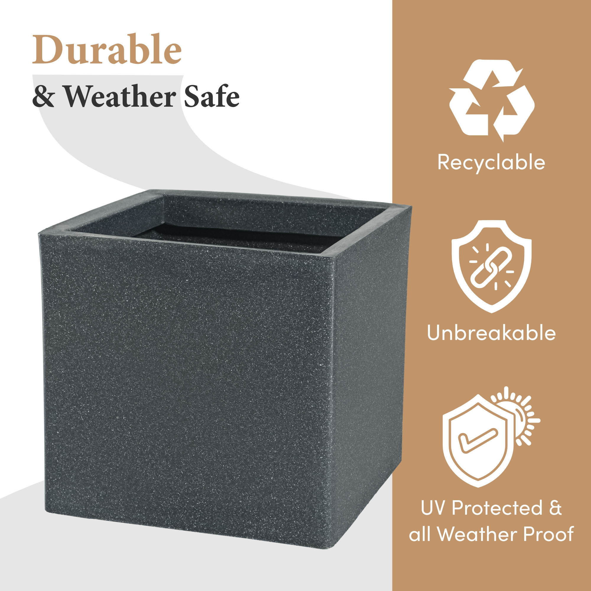 Kuber Industries 12 Inch Rotomould Square Flower Pot  Large Planter for Indoor Outdoor Balcony Terrace Garden Home Office Dcor  Cubical - Grey