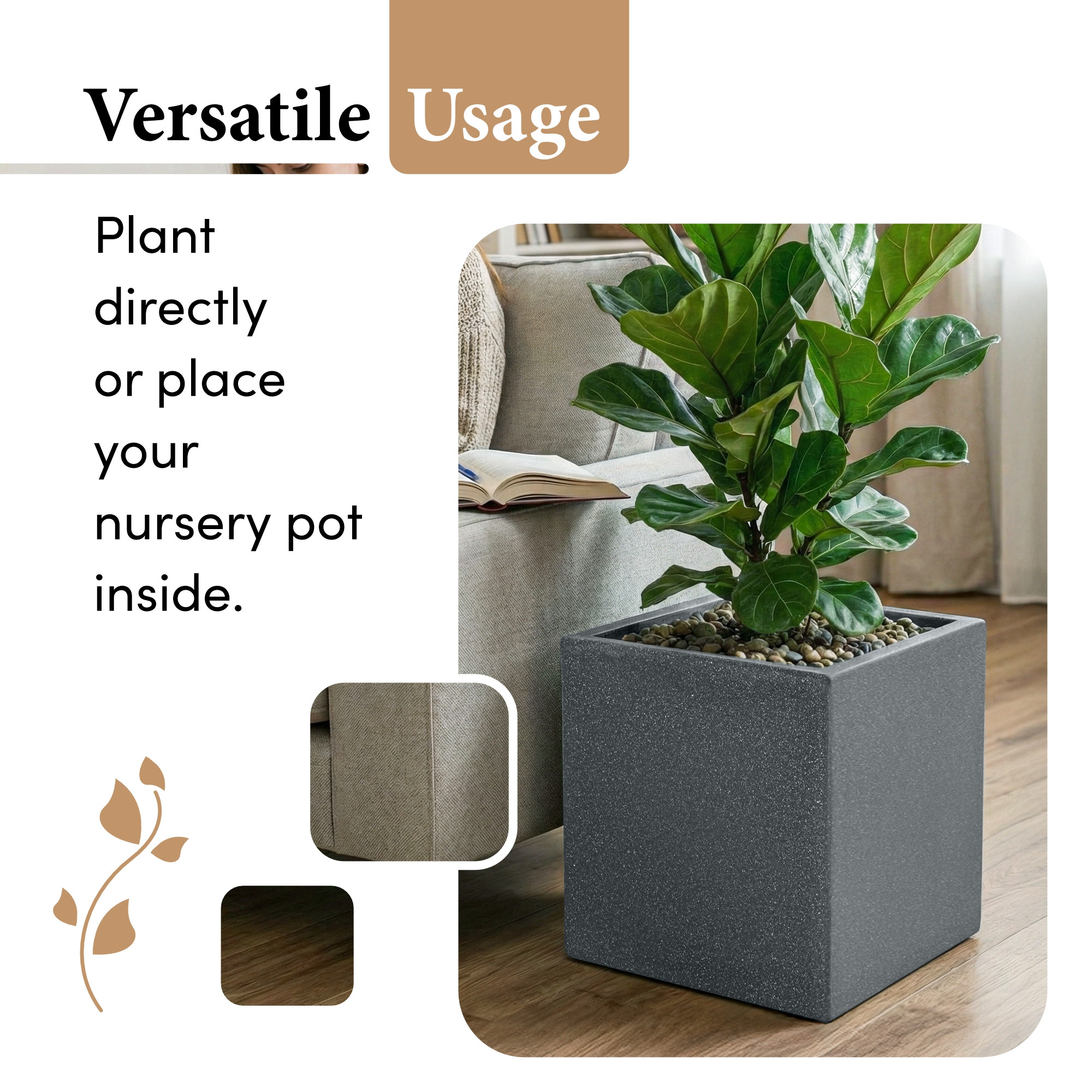 Kuber Industries 12 Inch Rotomould Square Flower Pot  Large Planter for Indoor Outdoor Balcony Terrace Garden Home Office Dcor  Cubical - Grey