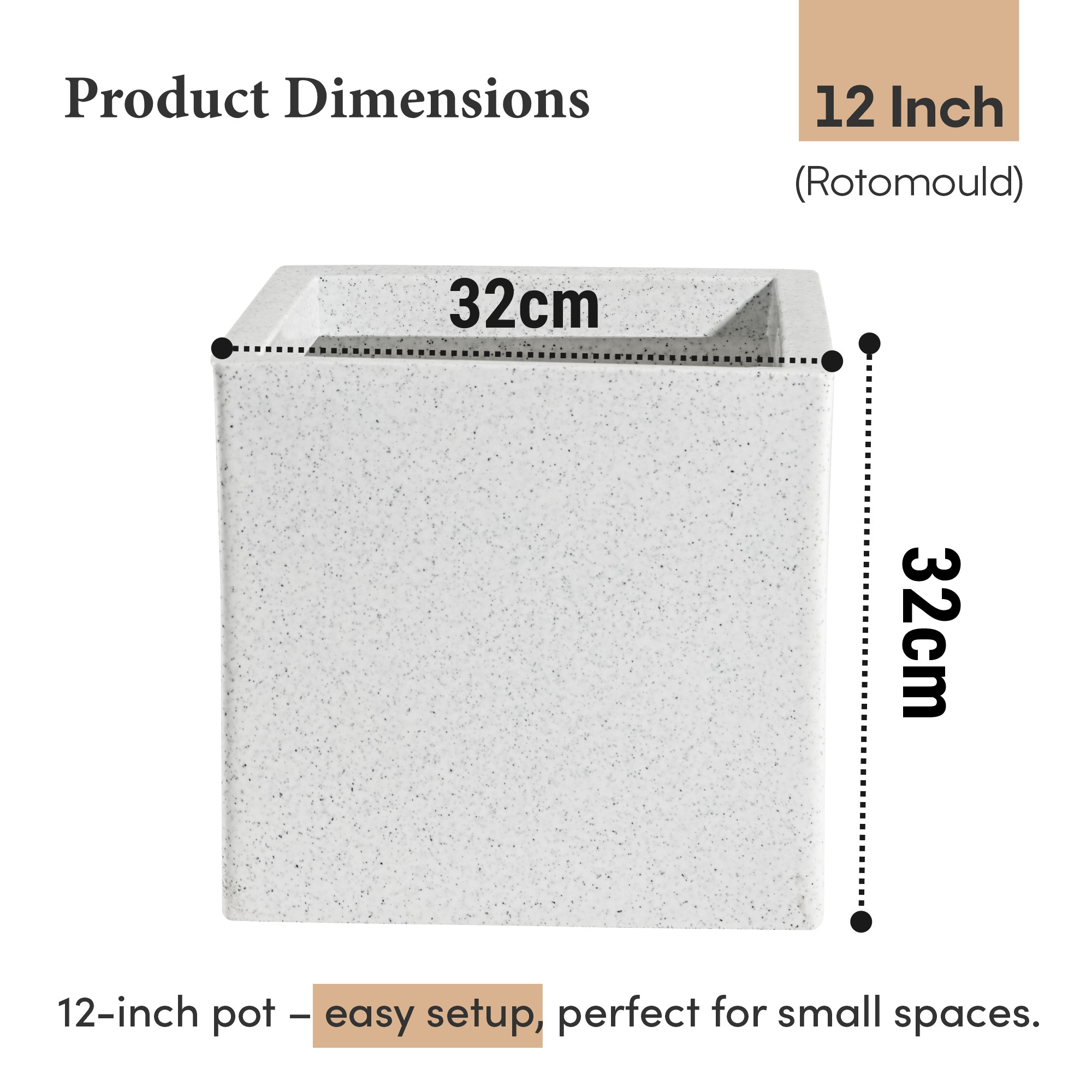 Kuber Industries 12 Inch Rotomould Square Flower Pot  Large Planter for Indoor Outdoor Balcony Terrace Garden Home Office Dcor  Cubical - White