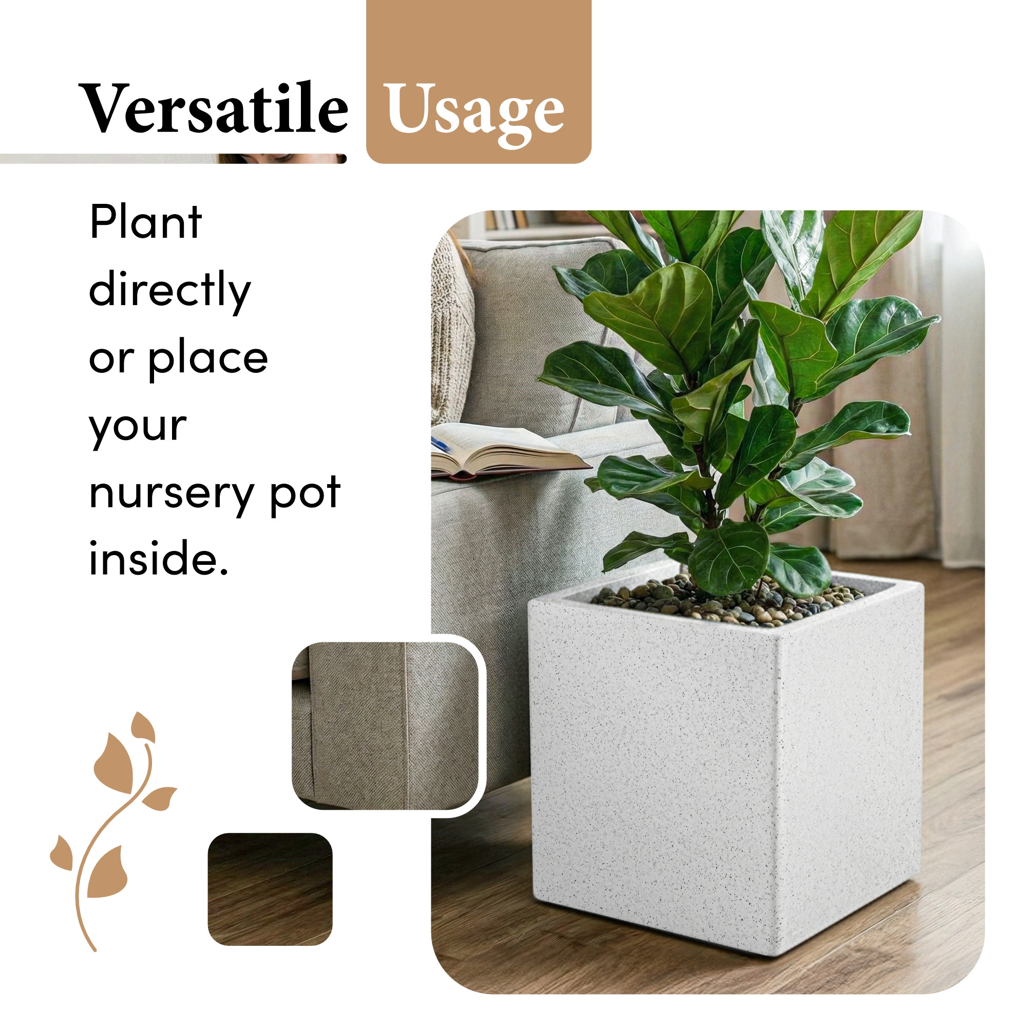 Kuber Industries 12 Inch Rotomould Square Flower Pot  Large Planter for Indoor Outdoor Balcony Terrace Garden Home Office Dcor  Cubical - White