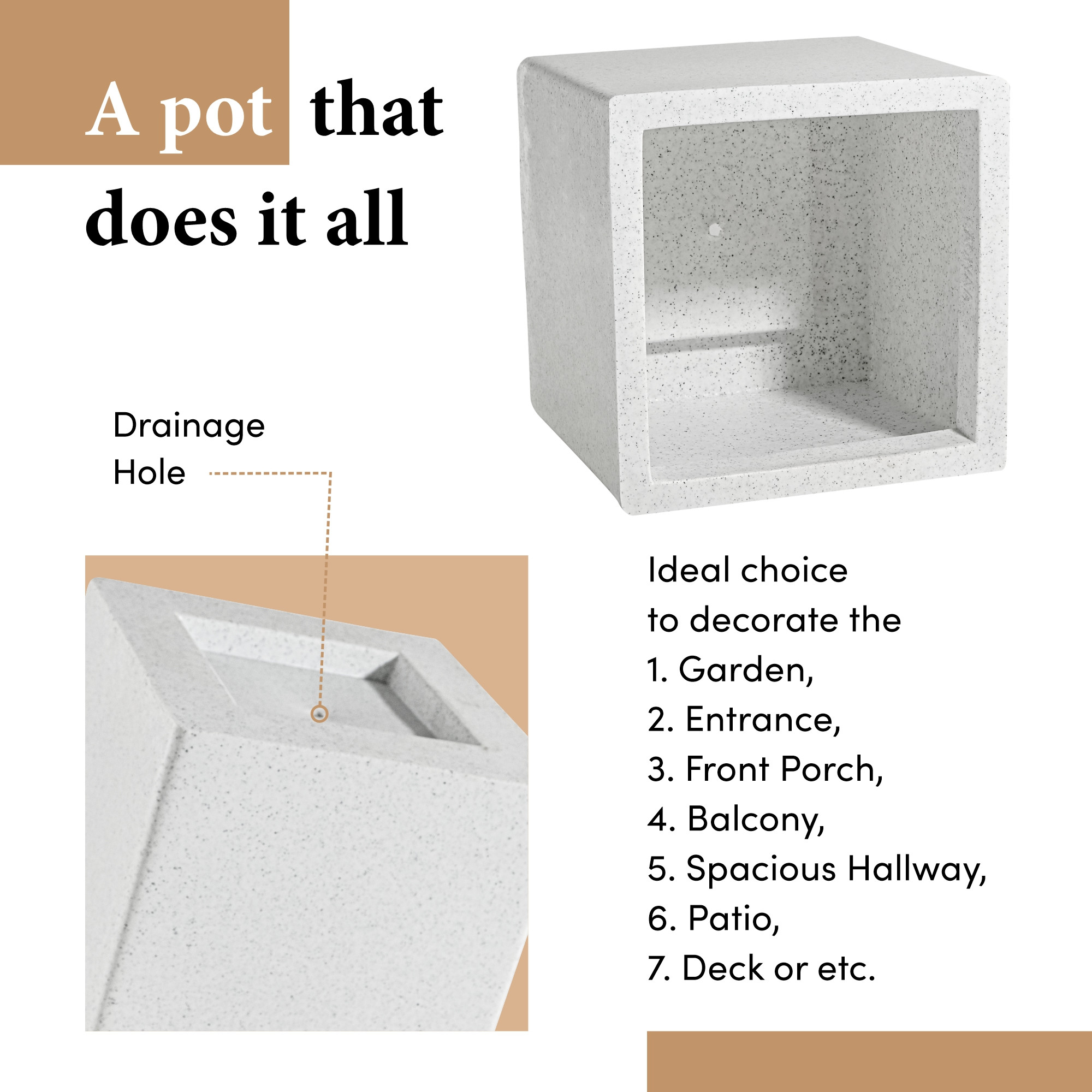 Kuber Industries 12 Inch Rotomould Square Flower Pot  Large Planter for Indoor Outdoor Balcony Terrace Garden Home Office Dcor  Cubical - White