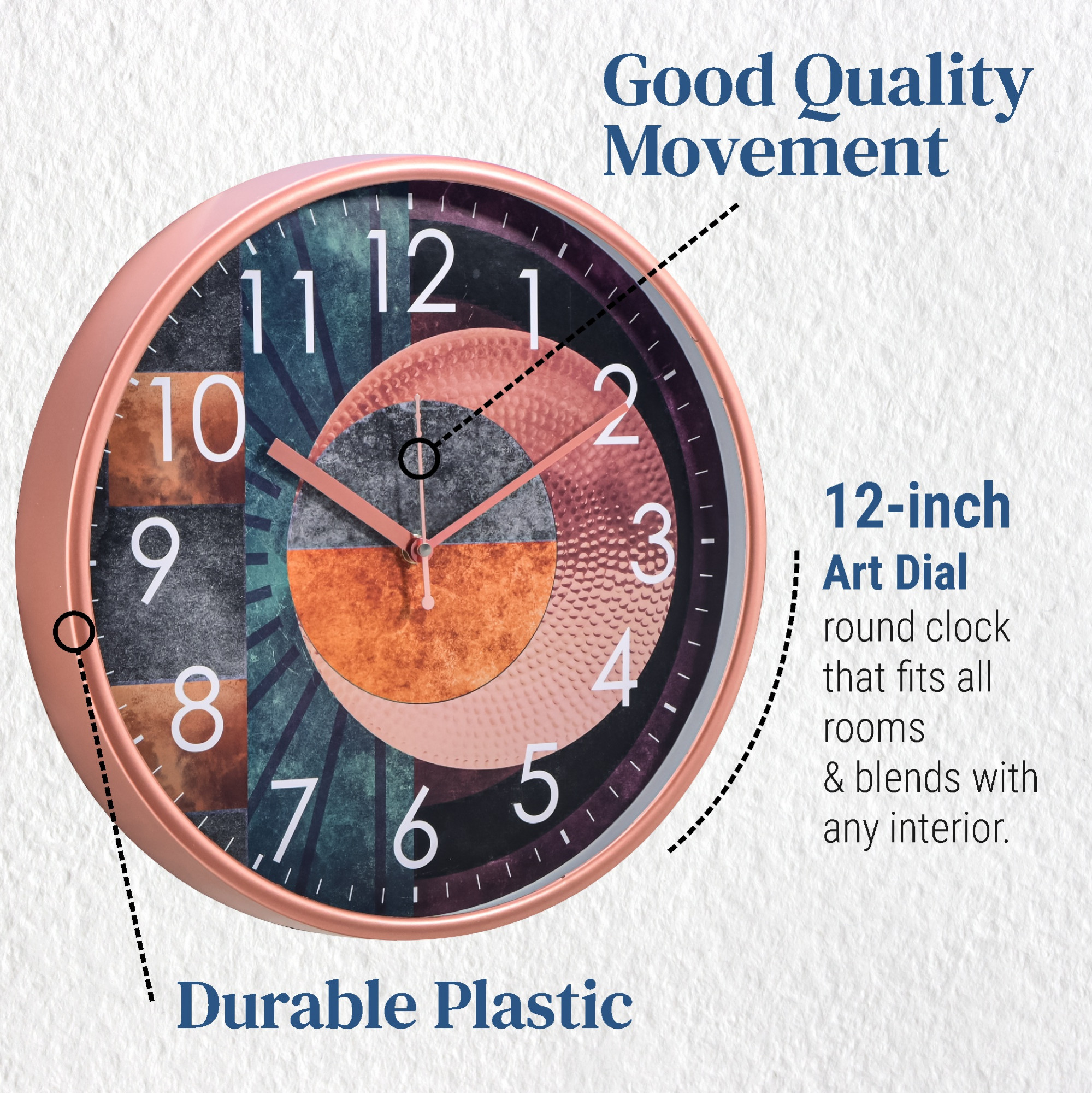 Kuber Industries 12 Inch Silent Sweep Wall Clock for Home  Office  Abstract Analog Number Wall Clock for Living Room Bedroom  Geometric Dial  Battery not Included  NC-21377  Multicolor