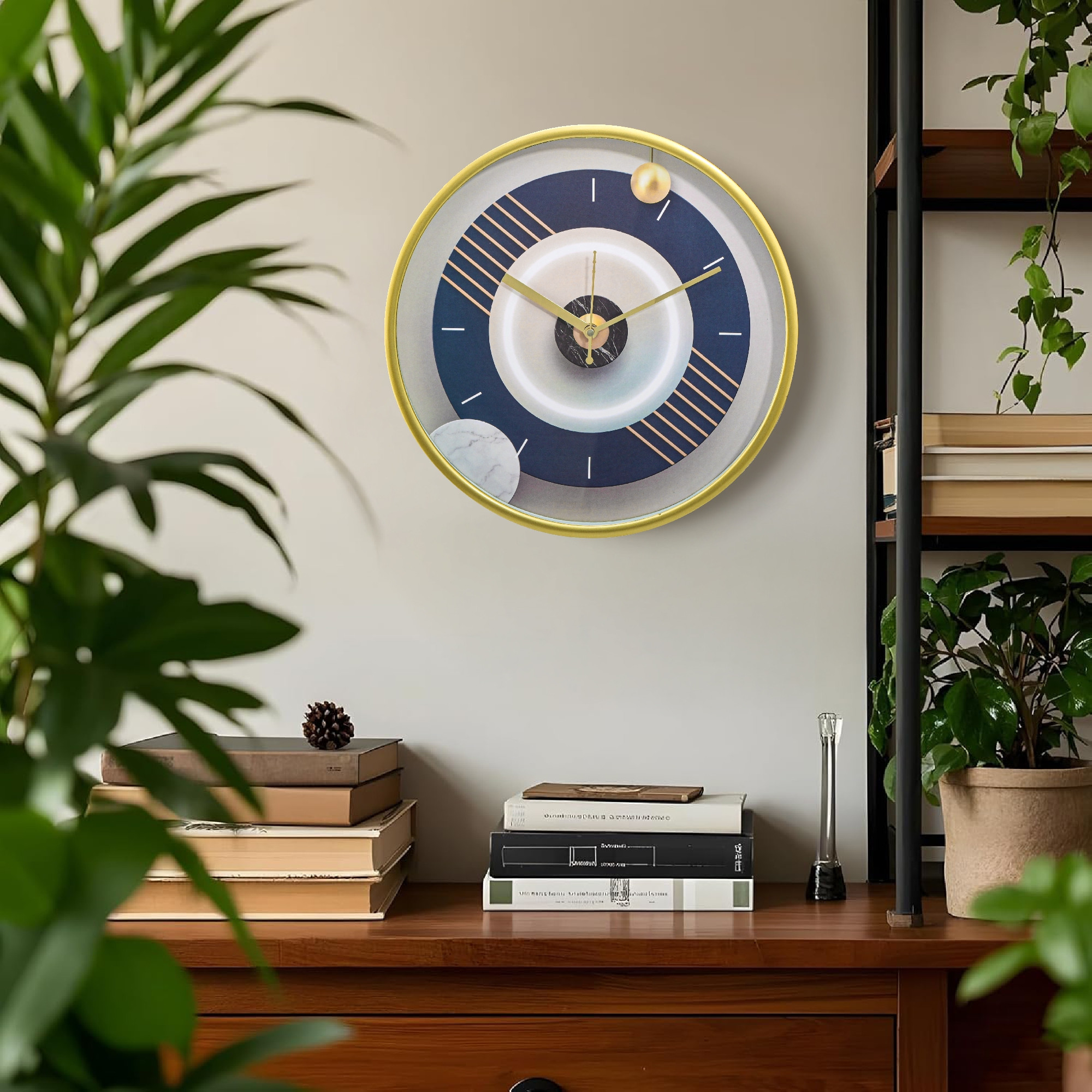 Kuber Industries 12 Inch Silent Ticking Wall Clock for Home  Office  Analog Number Wall Clock for Living Room  Designer Geometric Dial  Battery not Included  NC-21363  Blue  Gold