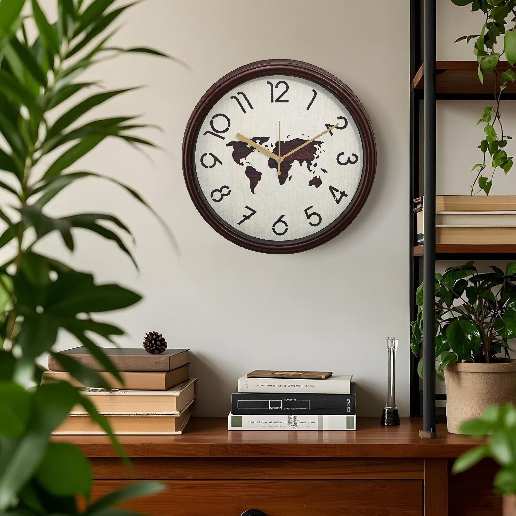 Kuber Industries 12 Inch Silent Wall Clock for Home  Office  World Map  Classic Analog Number Wall Clock for Living Room  CutOut Numbers  Battery not Included  NC-21704  Cream  Brown