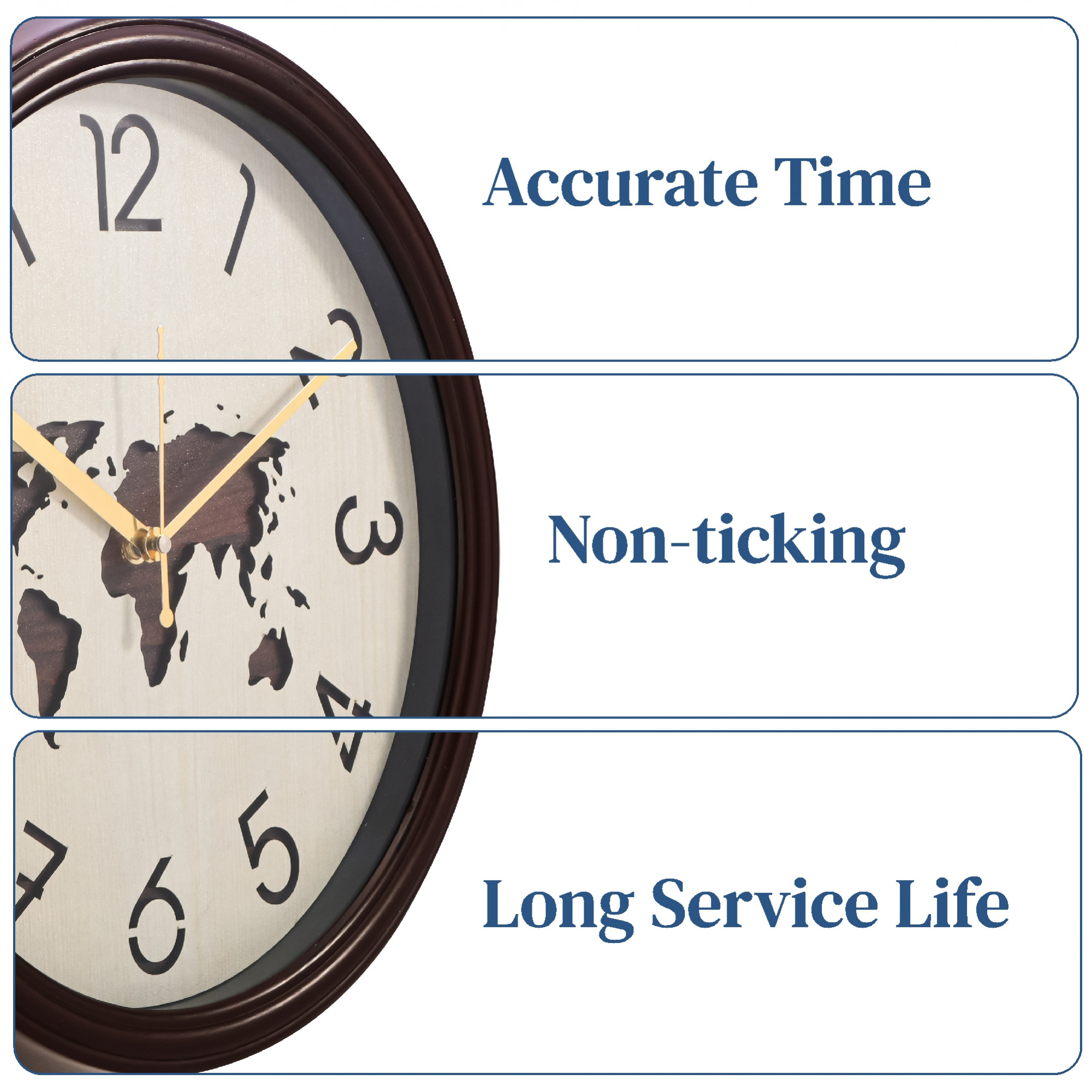 Kuber Industries 12 Inch Silent Wall Clock for Home  Office  World Map  Classic Analog Number Wall Clock for Living Room  CutOut Numbers  Battery not Included  NC-21704  Cream  Brown