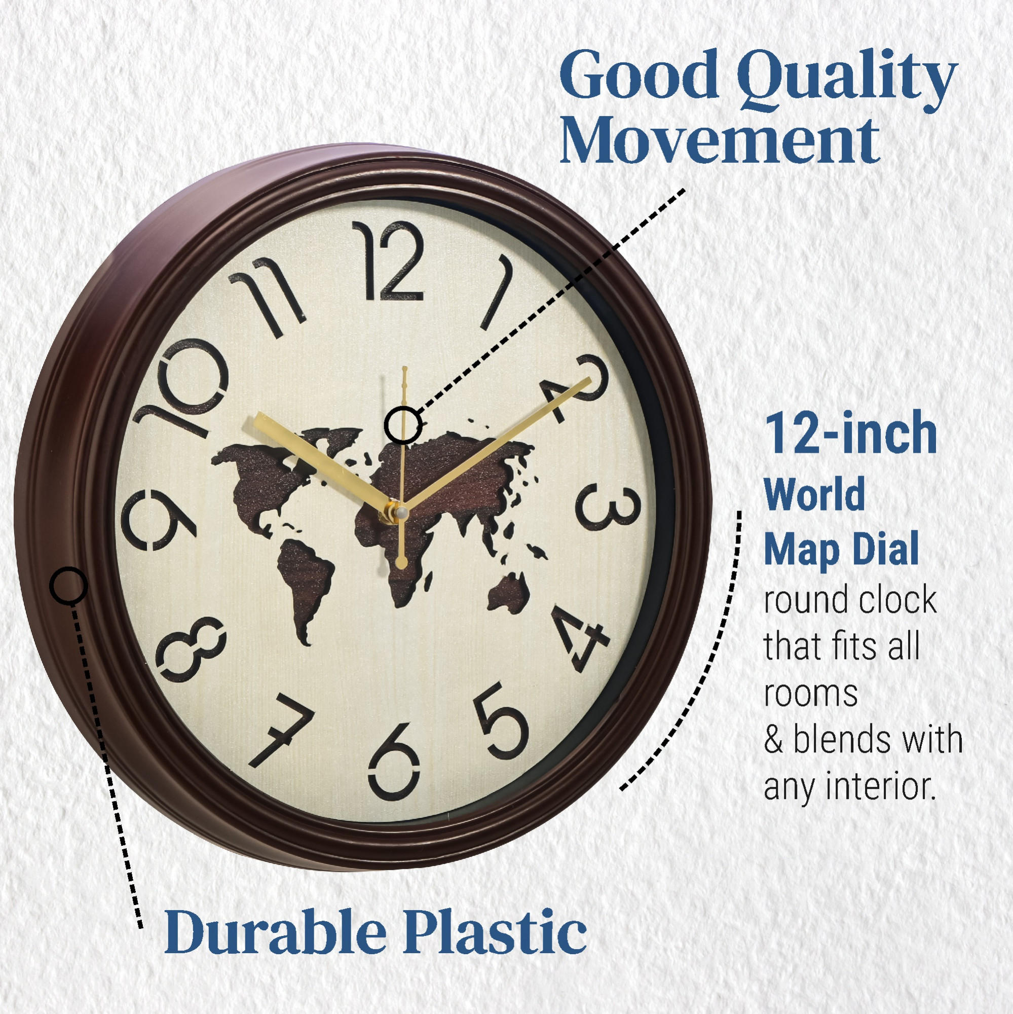 Kuber Industries 12 Inch Silent Wall Clock for Home  Office  World Map  Classic Analog Number Wall Clock for Living Room  CutOut Numbers  Battery not Included  NC-21704  Cream  Brown