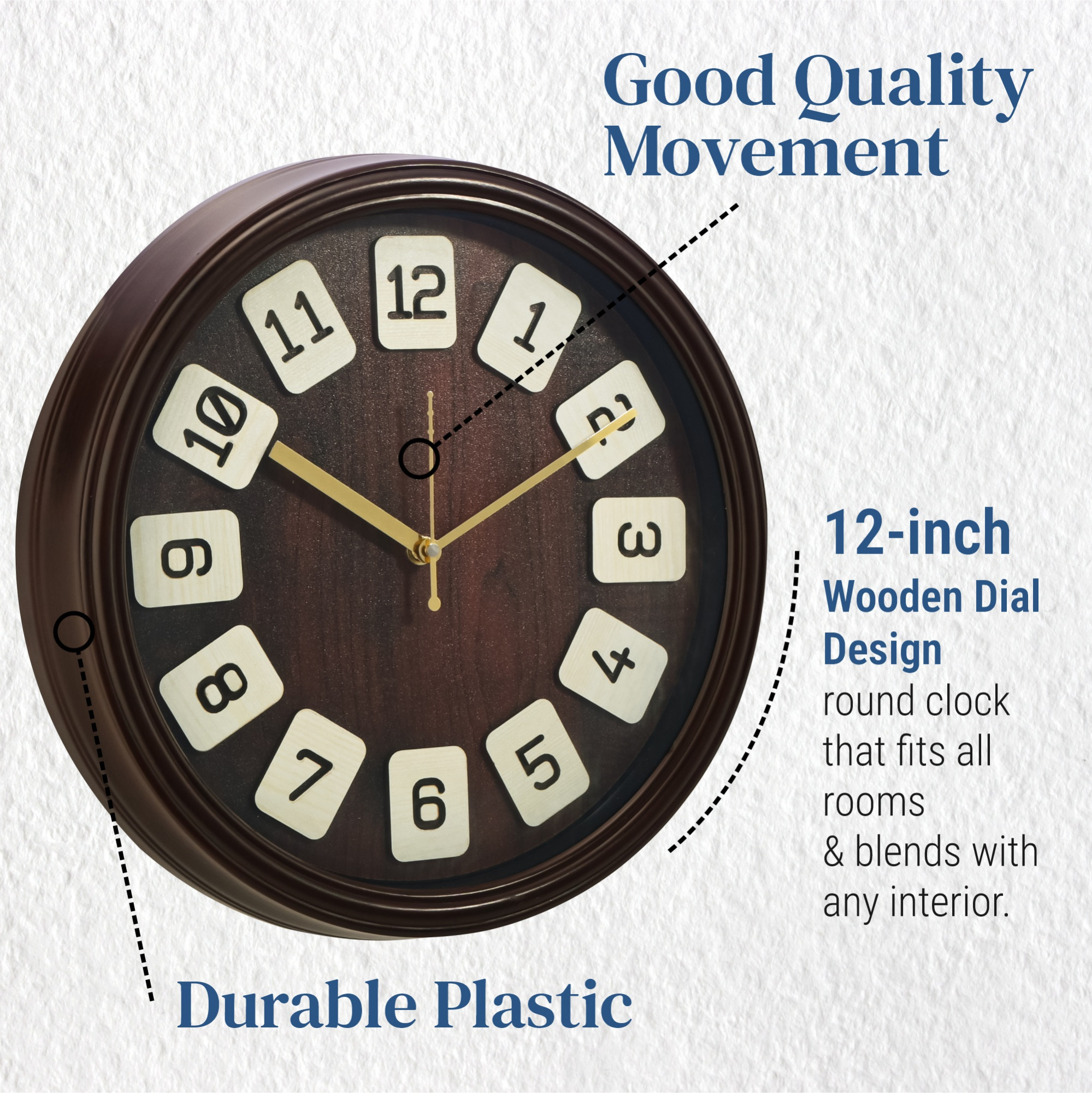 Kuber Industries 12 Inch Vintage Wall Clock for Home  Office  Silent Sweep  Analog Number Wall Clock for Living Room  Easy-to-Read 3D Numbers  Battery not Included  NC-21701  Wood Finish