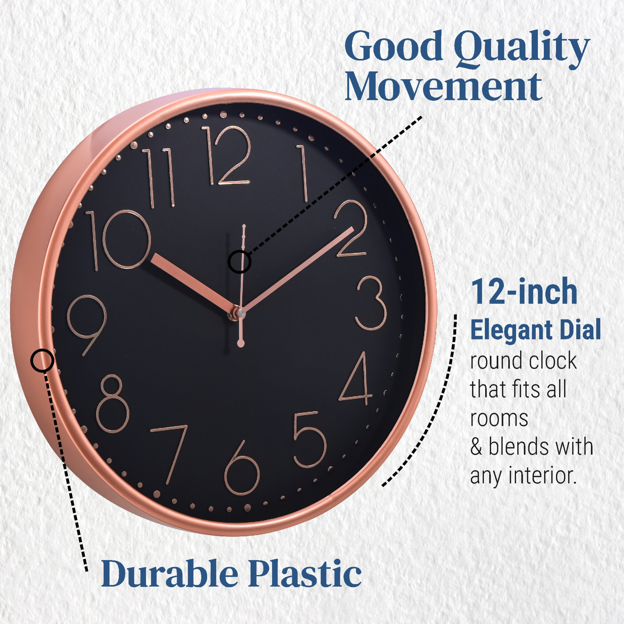 Kuber Industries 12 Inch Wall Clock for Home  Office  Non-Ticking Quartz Sweep  Analog Number Wall Clock for Living Room  Easy-to-Read Numbers  Battery not Included  NC-21386  Rose Gold