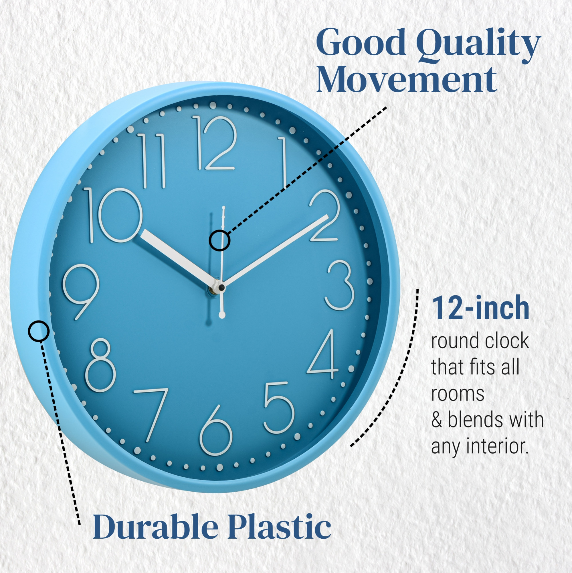 Kuber Industries 12 Inch Wall Clock for Home  Office  Non-Ticking Quartz Sweep  Analog Number Wall Clock for Living Room  Easy-to-Read Numbers  Battery not Included  NC-21419  Blue