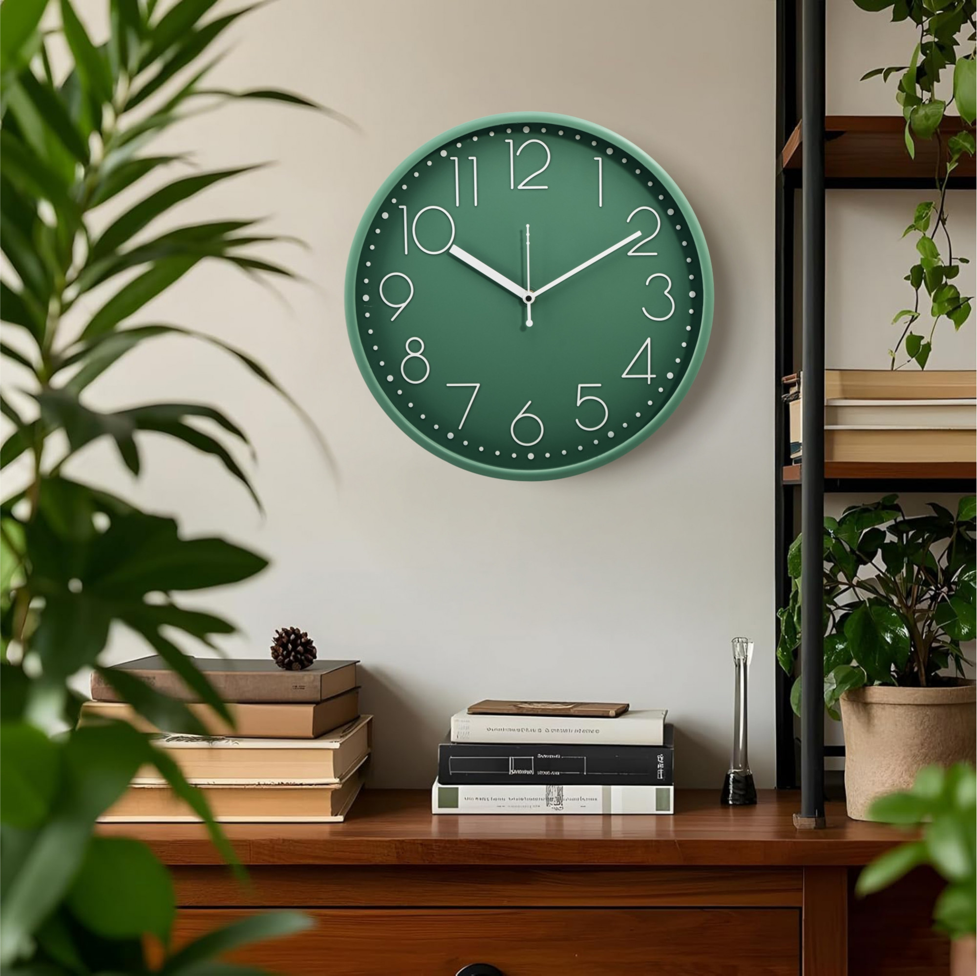 Kuber Industries 12 Inch Wall Clock for Home  Office  Non-Ticking Quartz Sweep  Analog Number Wall Clock for Living Room  Easy-to-Read Numbers  Battery not Included  NC-21418  Green