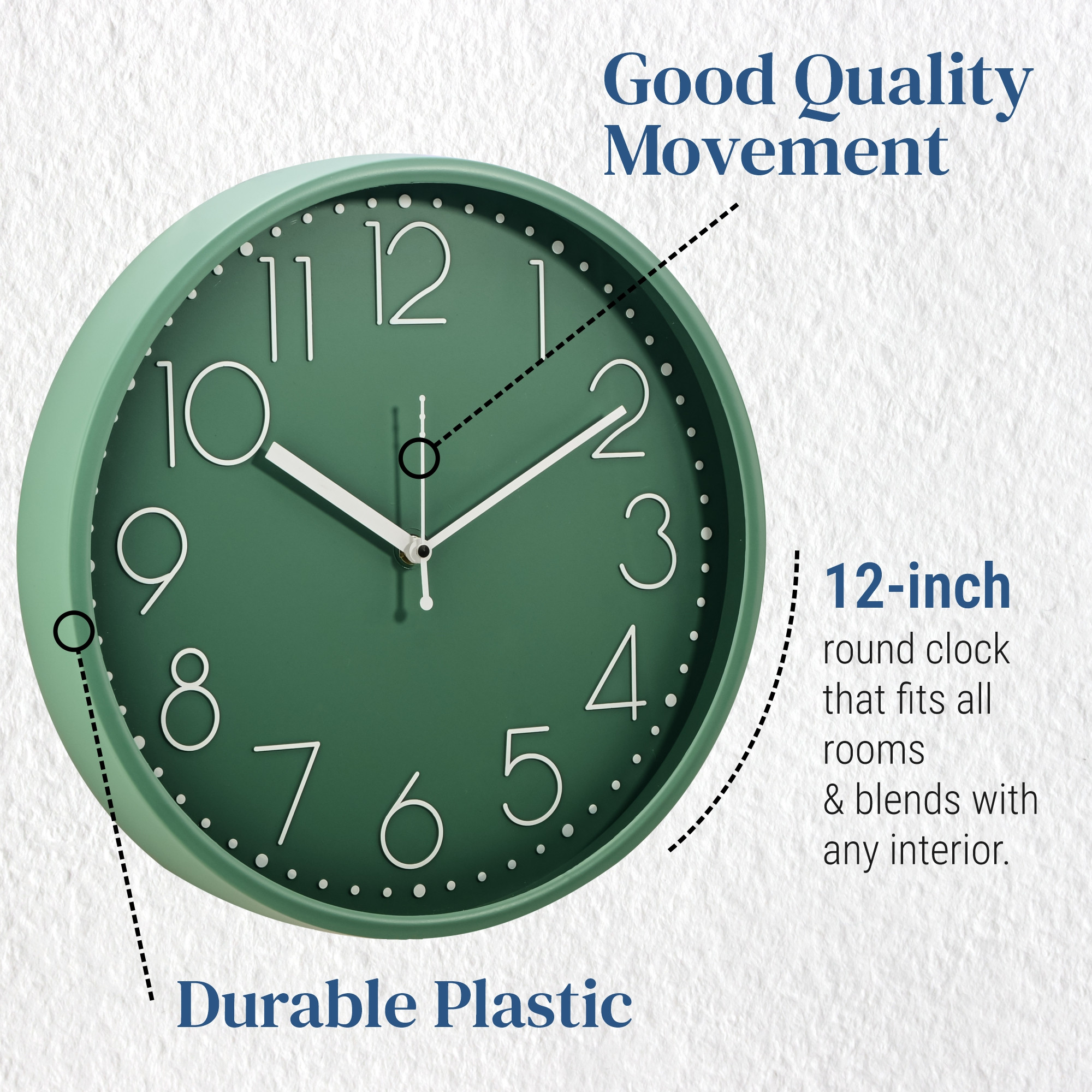 Kuber Industries 12 Inch Wall Clock for Home  Office  Non-Ticking Quartz Sweep  Analog Number Wall Clock for Living Room  Easy-to-Read Numbers  Battery not Included  NC-21418  Green