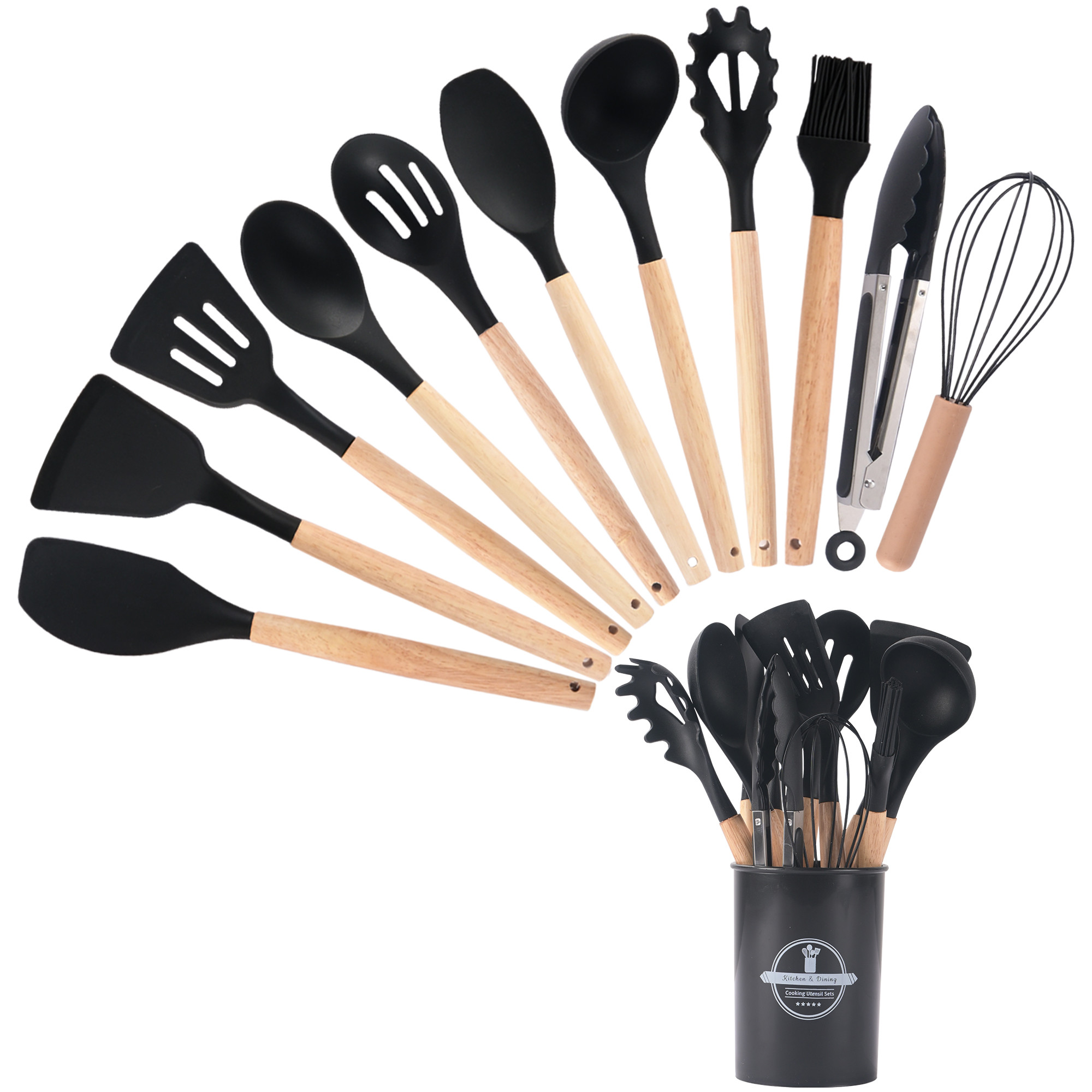 Kuber Industries 12 Pcs with Holder Silicone Nonstick Spatula Set  Heat Resistant Spatula for Kitchen  Kitchen Accessories Items for Cooking Baking  Mixing  HW-1-BLK  Black