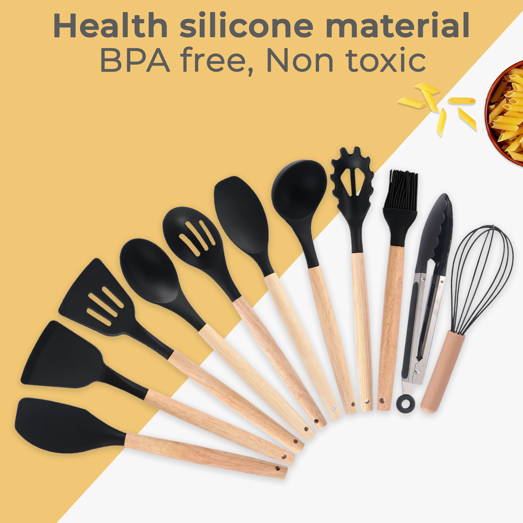 Kuber Industries 12 Pcs with Holder Silicone Nonstick Spatula Set  Heat Resistant Spatula for Kitchen  Kitchen Accessories Items for Cooking Baking  Mixing  HW-1-BLK  Black