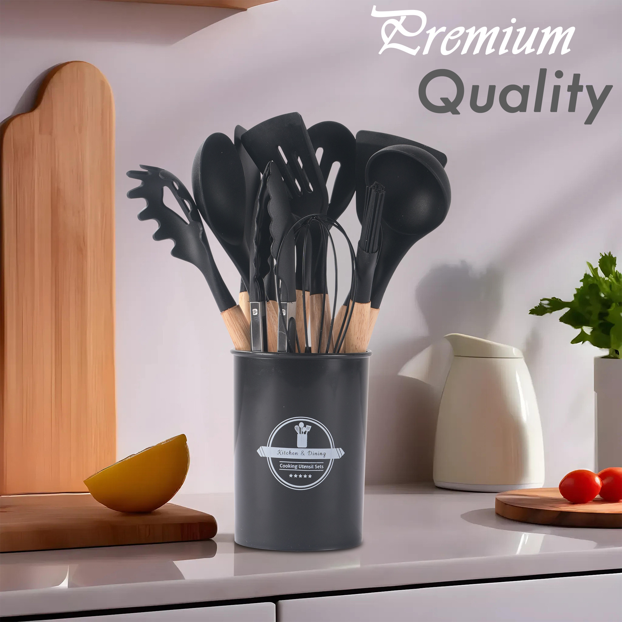 Kuber Industries 12 Pcs with Holder Silicone Nonstick Spatula Set  Heat Resistant Spatula for Kitchen  Kitchen Accessories Items for Cooking Baking  Mixing  HW-1-BLK  Black