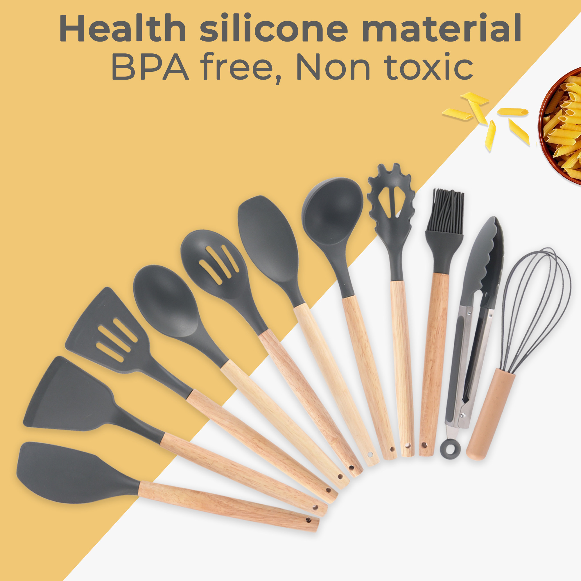 Kuber Industries 12 Pcs with Holder Silicone Nonstick Spatula Set  Heat Resistant Spatula for Kitchen  Kitchen Accessories Items for Cooking Baking  Mixing  HW-1-GRY  Grey