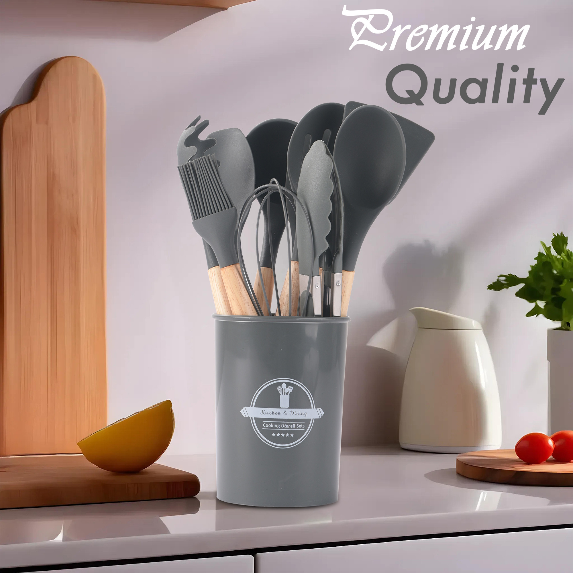 Kuber Industries 12 Pcs with Holder Silicone Nonstick Spatula Set  Heat Resistant Spatula for Kitchen  Kitchen Accessories Items for Cooking Baking  Mixing  HW-1-GRY  Grey