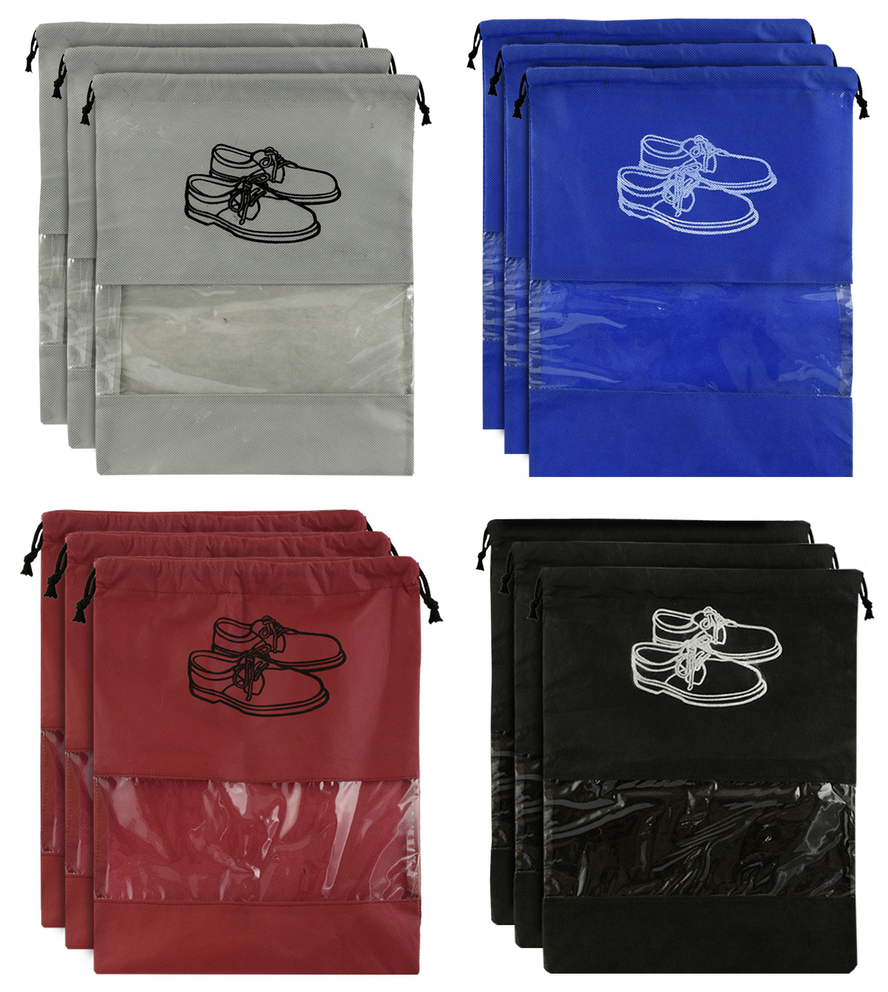 Kuber Industries 12 Piece Non Woven Travel Shoe Organizer Space Saving Fabric Storage Bags Organizer (Grey & Royal Blue & Black & Maroon)-KUBMART988