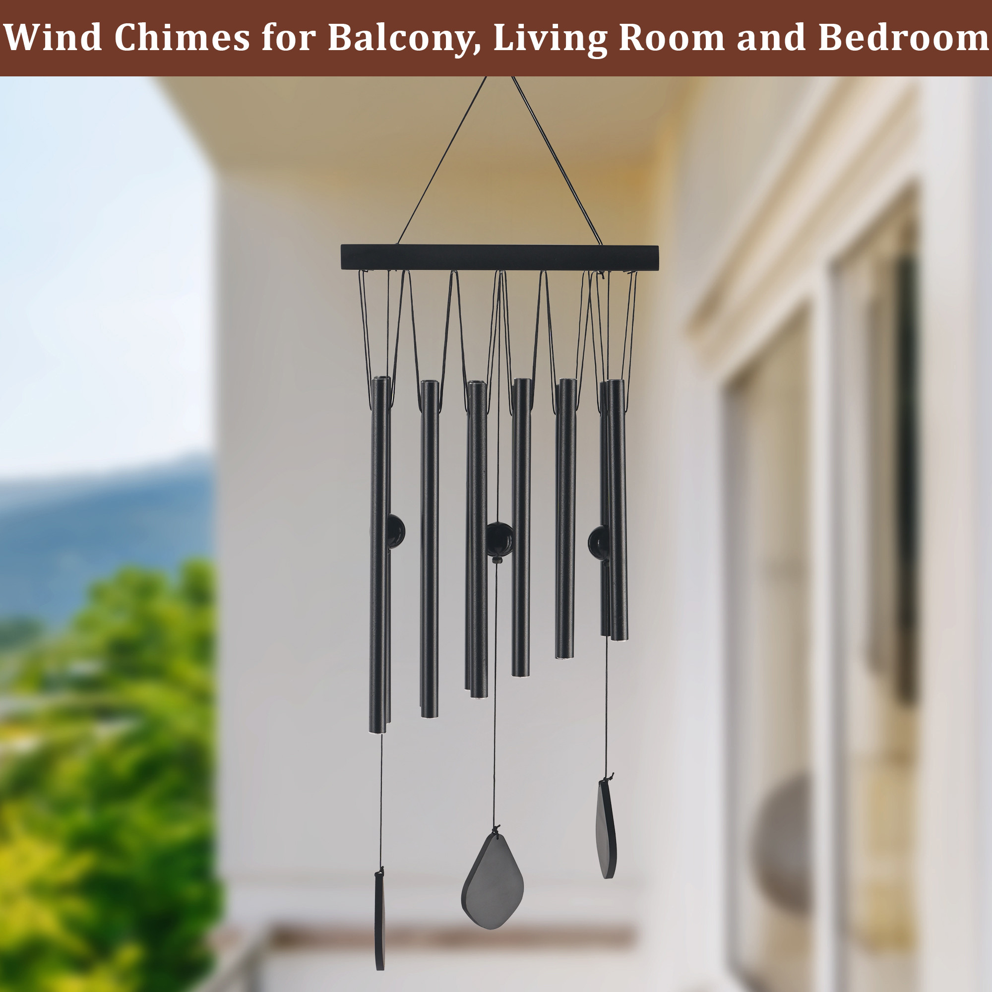 Kuber Industries 12 Pipes Musical Wind Chimes for Balcony  Aluminium Wind Chimes for Home Positive Energy for Living Room  Home Decor Hanging Items  Black