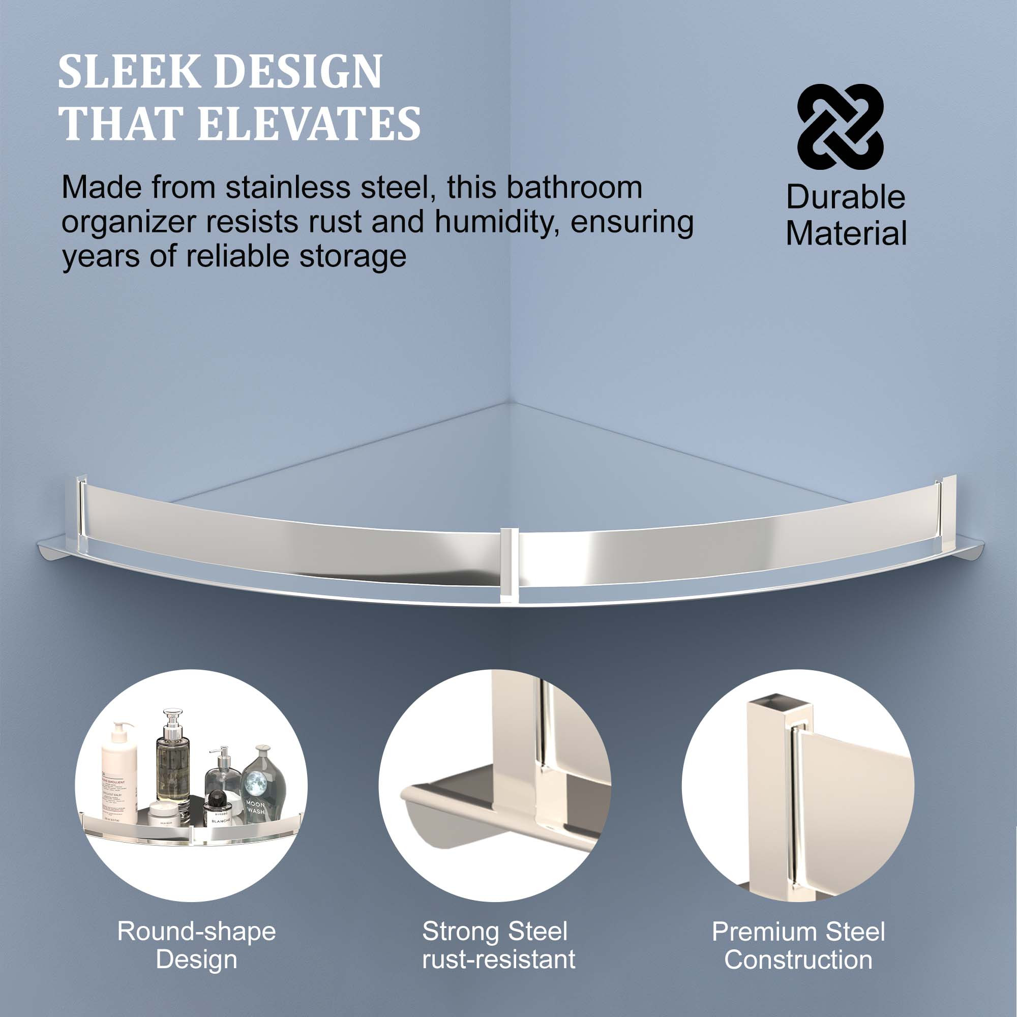 Kuber Industries 12x12 Inch Stainless Steel Wall Mounted Corner Shelf for Bathroom  Kitchen  Corner Bathroom Racks and Shelves for Toiletries  Kitchen Items  Chrome Finish - Silver