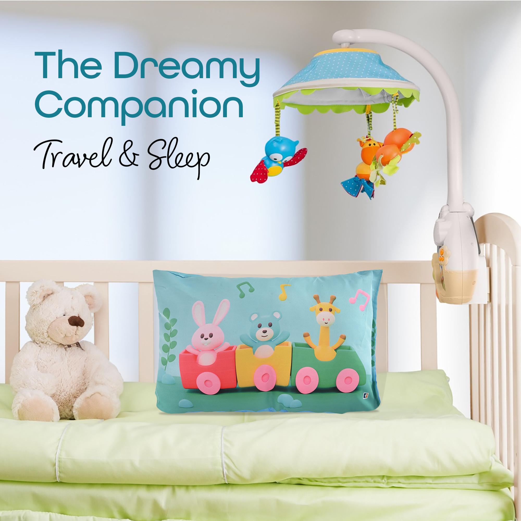 Kuber Industries 12x18 Inches Soft And Cozy Pillow for Baby  Comfortable Toddler Pillow for 2 Year Olds  Sleeping Cushion for Kids Bedtime  Train Print - Green  Blue