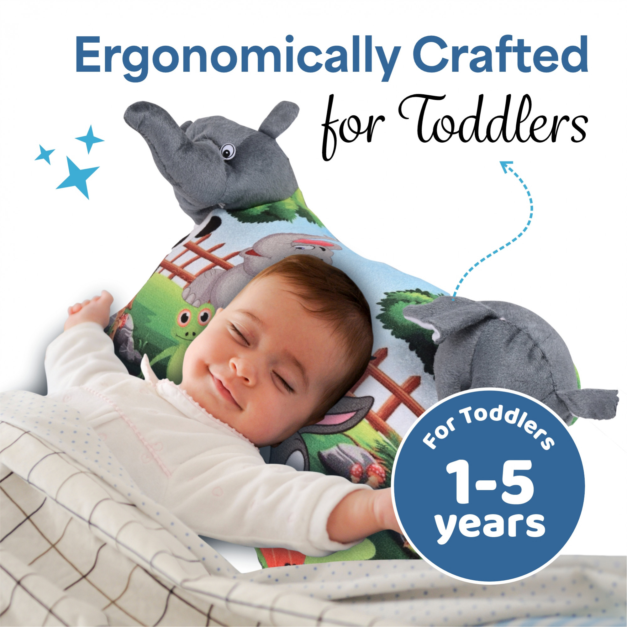 Kuber Industries 12x18 Inches Soft And Cozy Pillow for Baby  Comfortable Toddler Pillow for 2 Year Olds  Sleeping Cushion for Kids Bedtime  Elephant Print - Grey