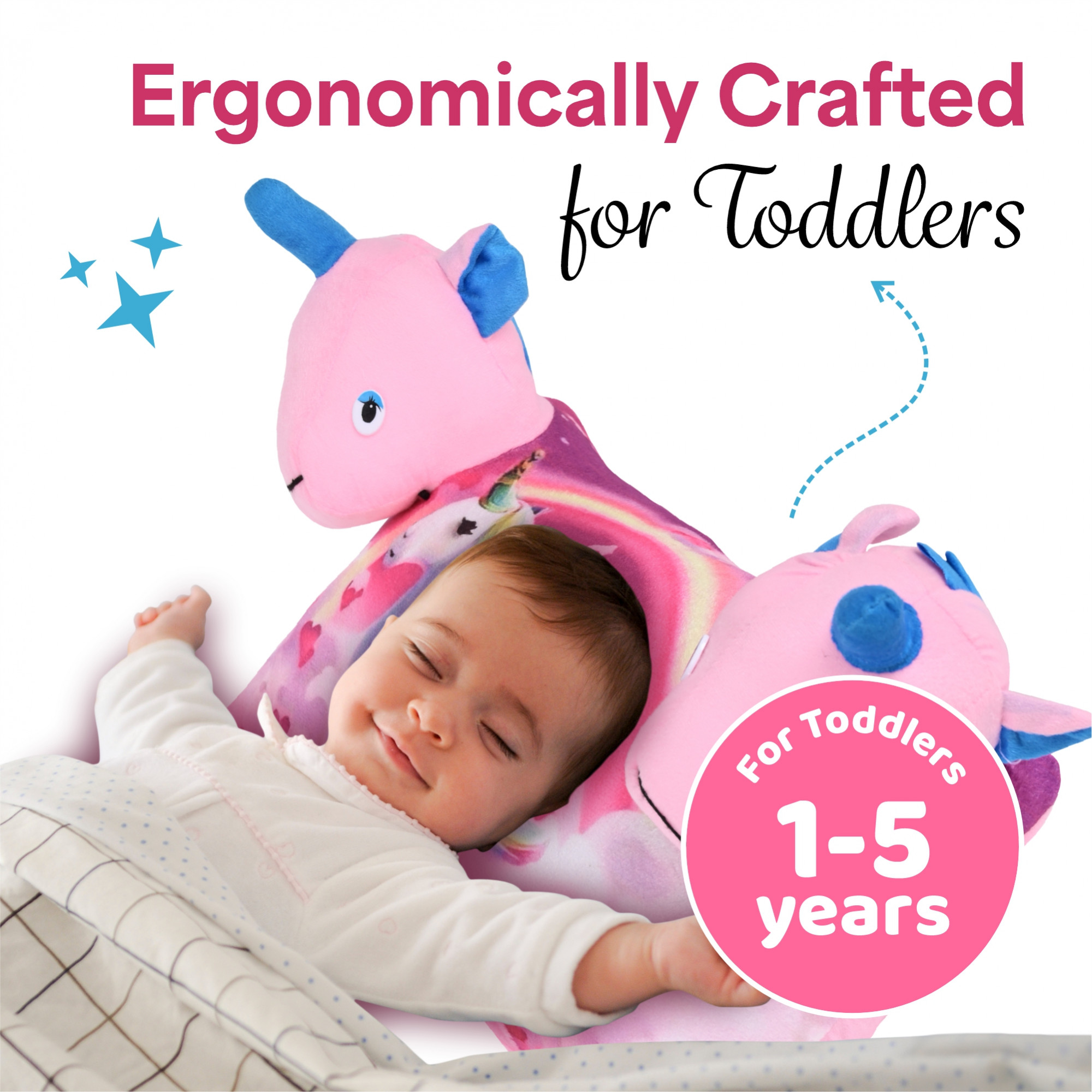 Kuber Industries 12x18 Inches Soft And Cozy Pillow for Baby  Comfortable Toddler Pillow for 2 Year Olds  Sleeping Cushion for Kids Bedtime  Unicorn Print - Pink