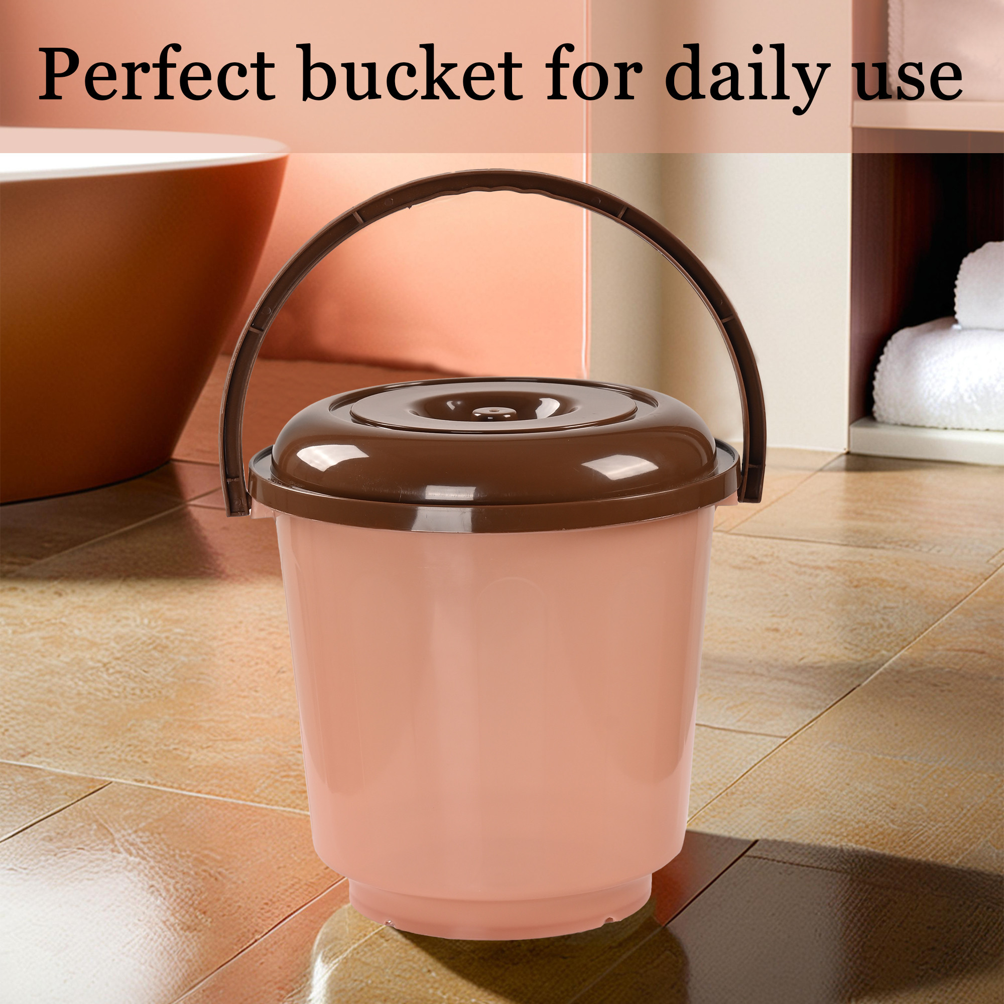 Kuber Industries 13 Litre Multi-purpose Plastic Bath Bucket for Bathroom  Kitchen with Lid  Portable Storage Container Bathing Bucket  Balti for Home  Transculent - Peach  Brown