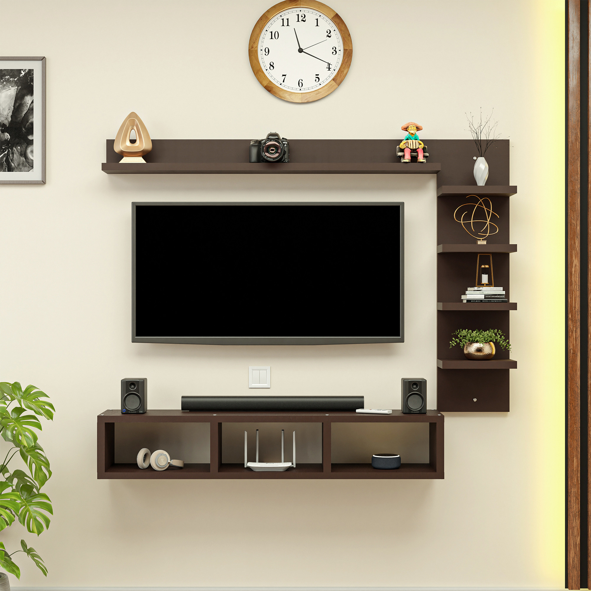 Kuber Industries 13 Pcs Engineered Wood 32 Inch Wall Mount Tv UnitRackFrame Furniture for Living Room  Tv Cabinet with Storage Shelves for Books  Home Decor Showcase  Set Top Box Wall Stand  Brown