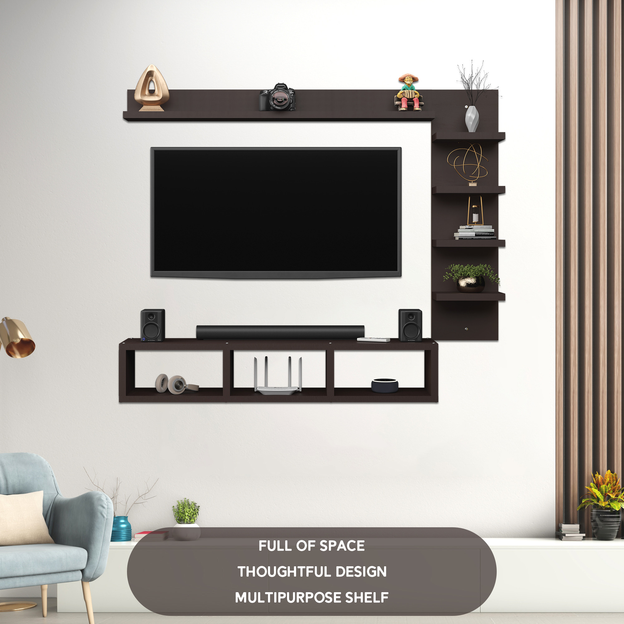 Kuber Industries 13 Pcs Engineered Wood 32 Inch Wall Mount Tv UnitRackFrame Furniture for Living Room  Tv Cabinet with Storage Shelves for Books  Home Decor Showcase  Set Top Box Wall Stand  Brown