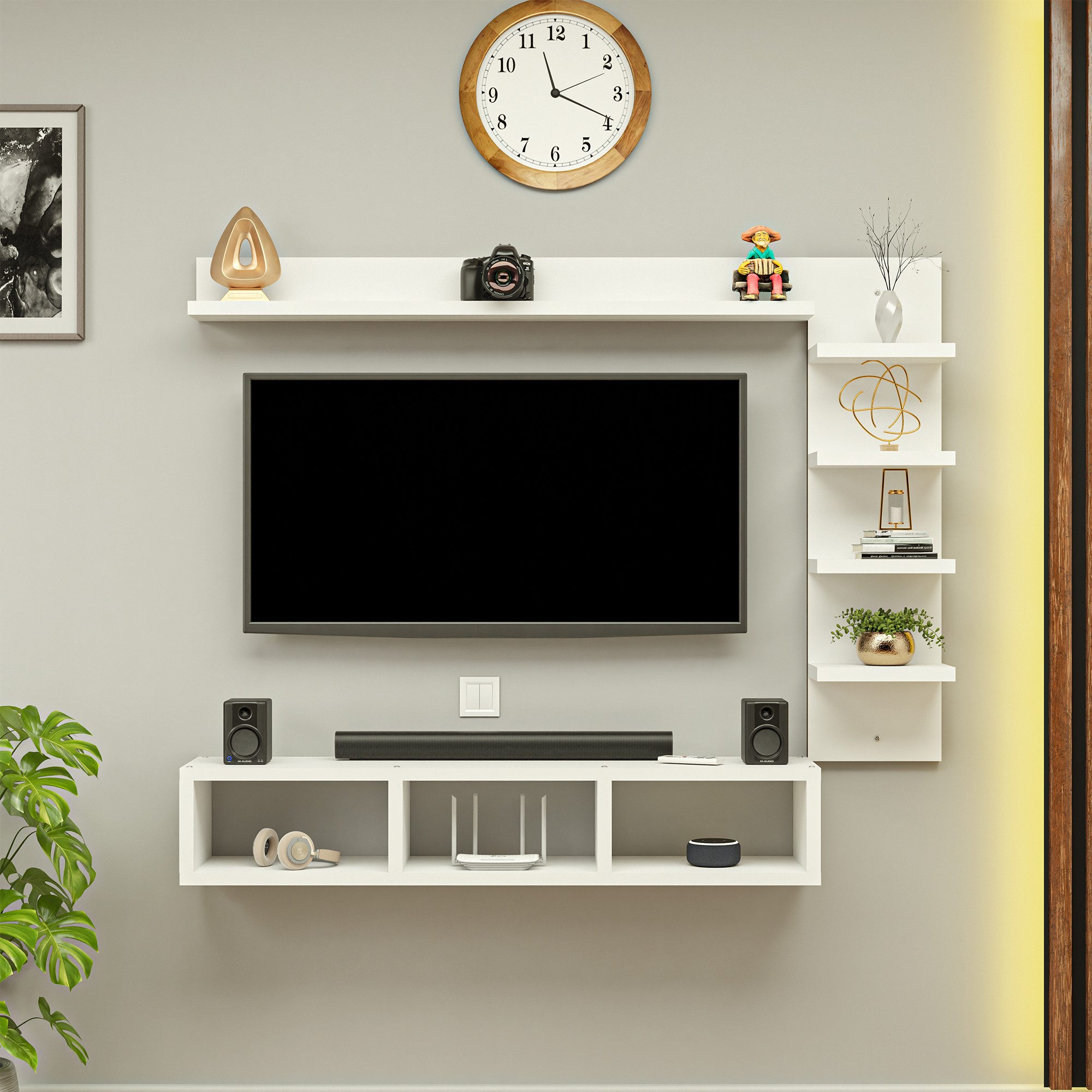 Kuber Industries 13 Pcs Engineered Wood 32 Inch Wall Mount Tv UnitRackFrame Furniture for Living Room  Tv Cabinet with Storage Shelves for Books  Home Decor Showcase  Set Top Box Wall Stand  White