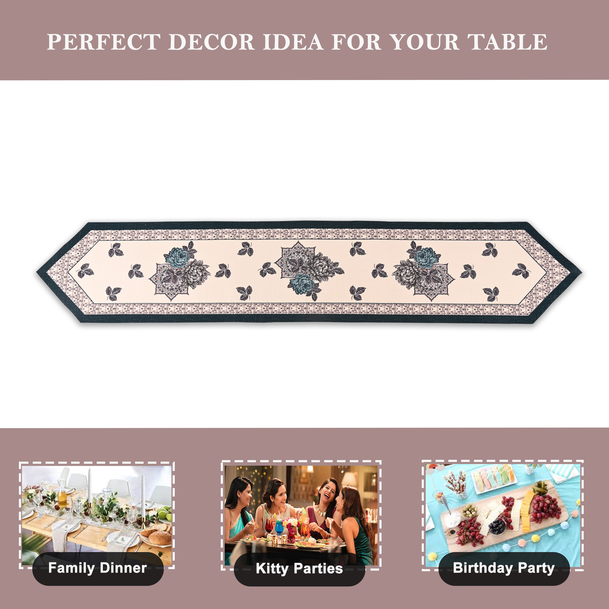 Kuber Industries 13x72 Anti Slip Cotton Table Runner For Centre Table  Stylish Dining Table Runner for Living Room - Dining Table Accessories for Home  Hotel  1033 Pyramid- Cream  Blue